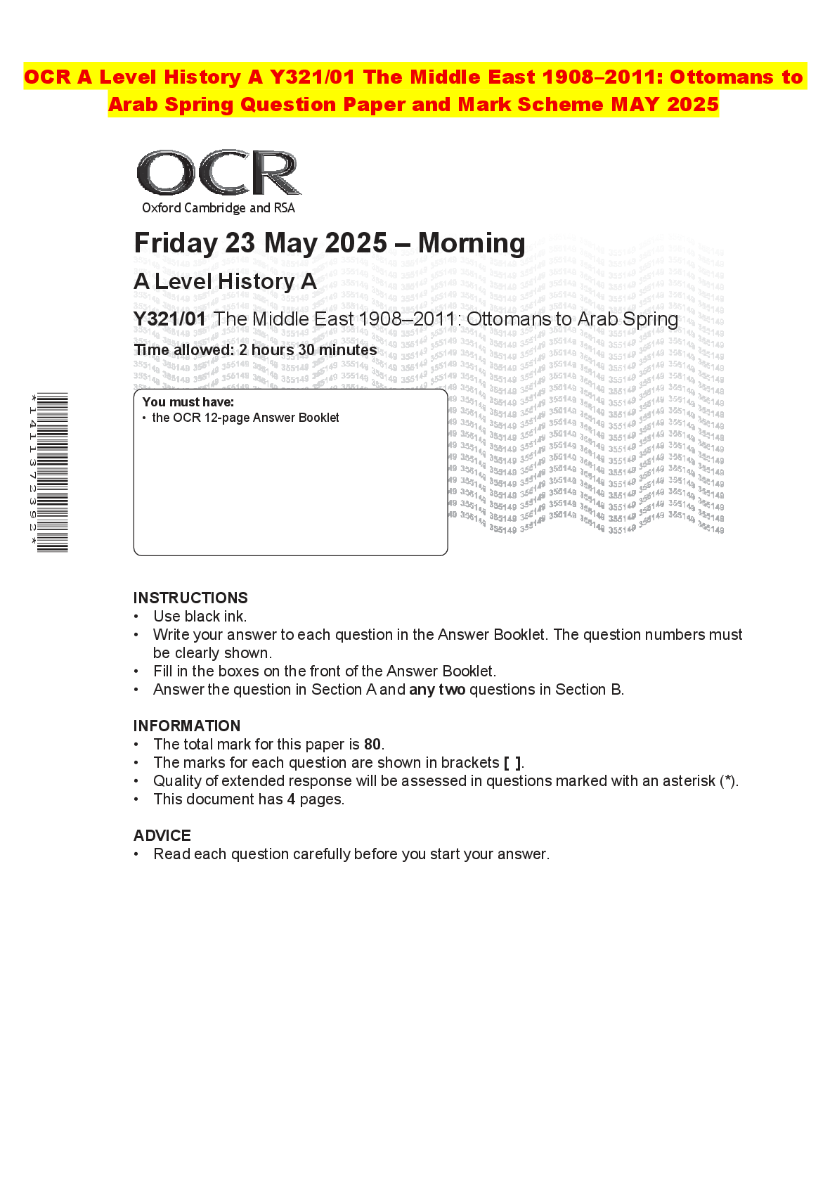 Recommended document preview for OCR A Level History A Y321/01 The Middle East 1908–2011: Ottomans to Arab Spring Question Paper and Mark Scheme MAY 2025