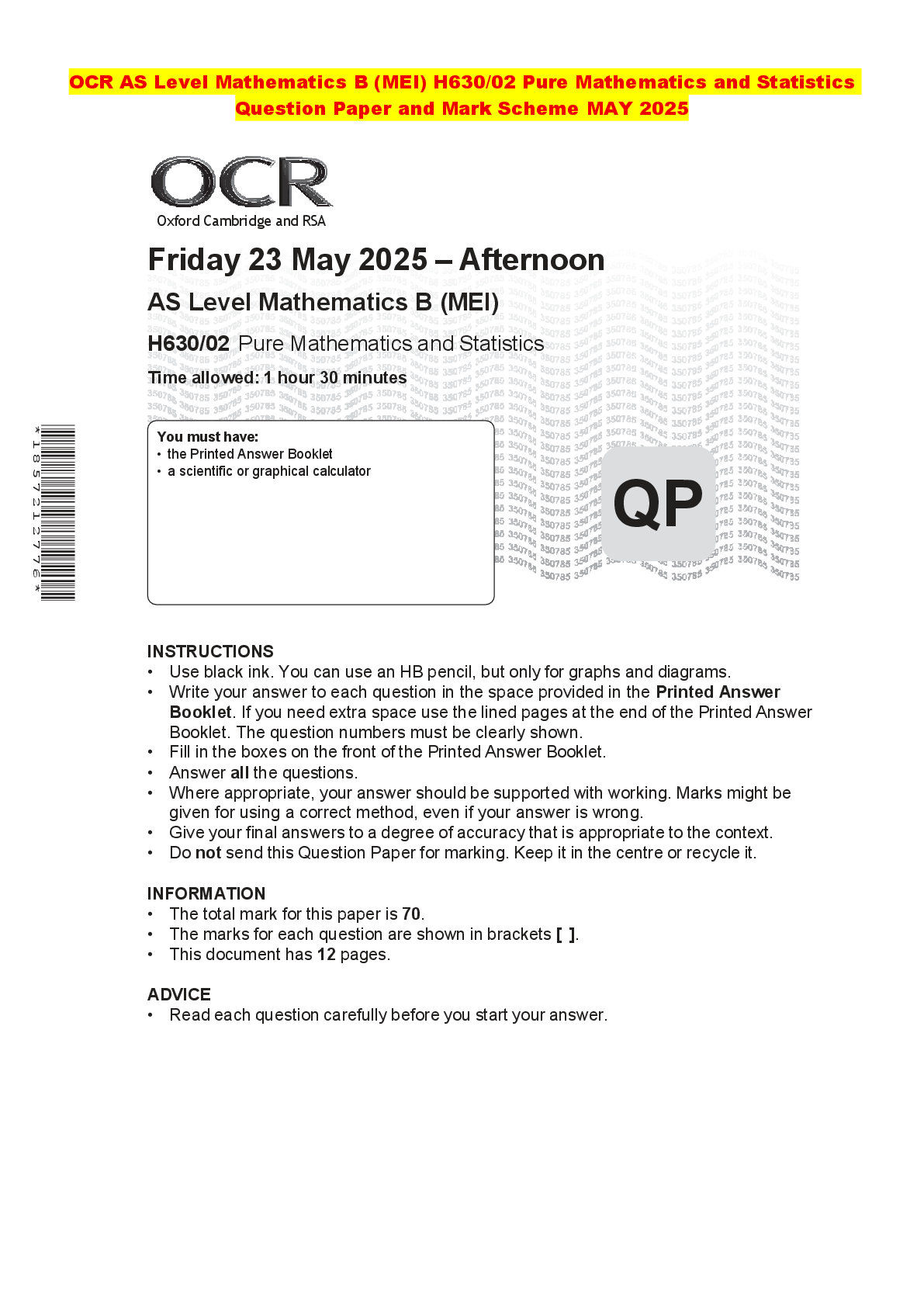 Recommended document preview for OCR AS Level Mathematics B (MEI) H630/02 Pure Mathematics and Statistics Question Paper and Mark Scheme MAY 2025
