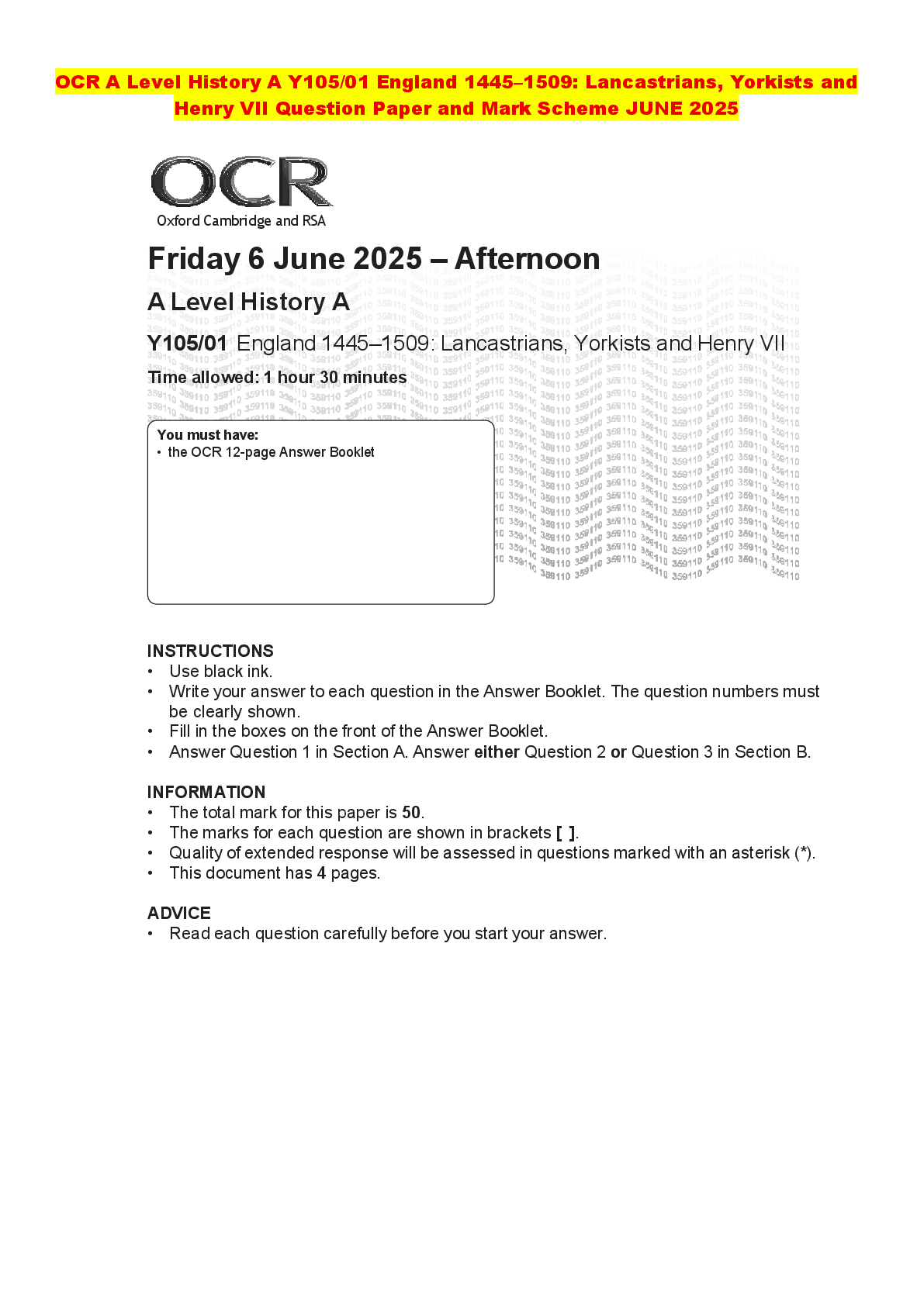 Recommended document preview for OCR A Level History A Y105/01 England 1445–1509: Lancastrians, Yorkists and Henry VII Question Paper and Mark Scheme JUNE 2025