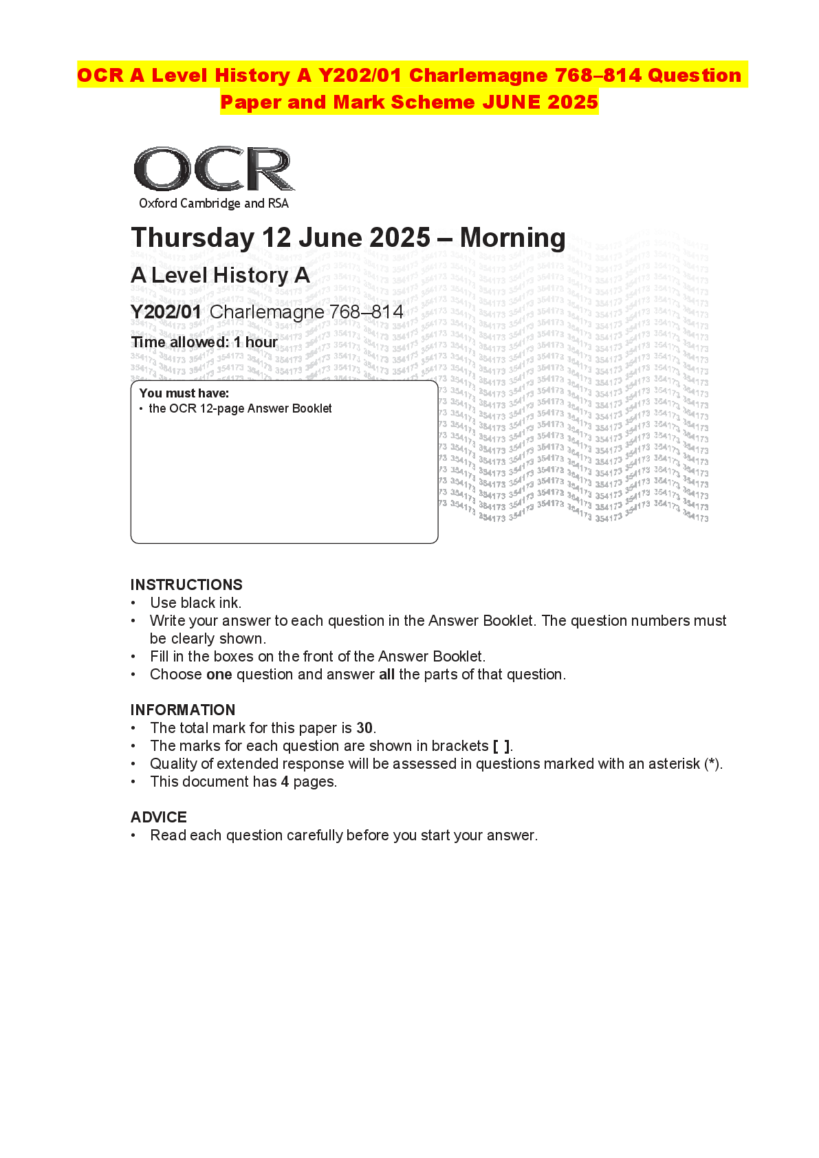 Recommended document preview for OCR A Level History A Y202/01 Charlemagne 768–814 Question Paper and Mark Scheme JUNE 2025