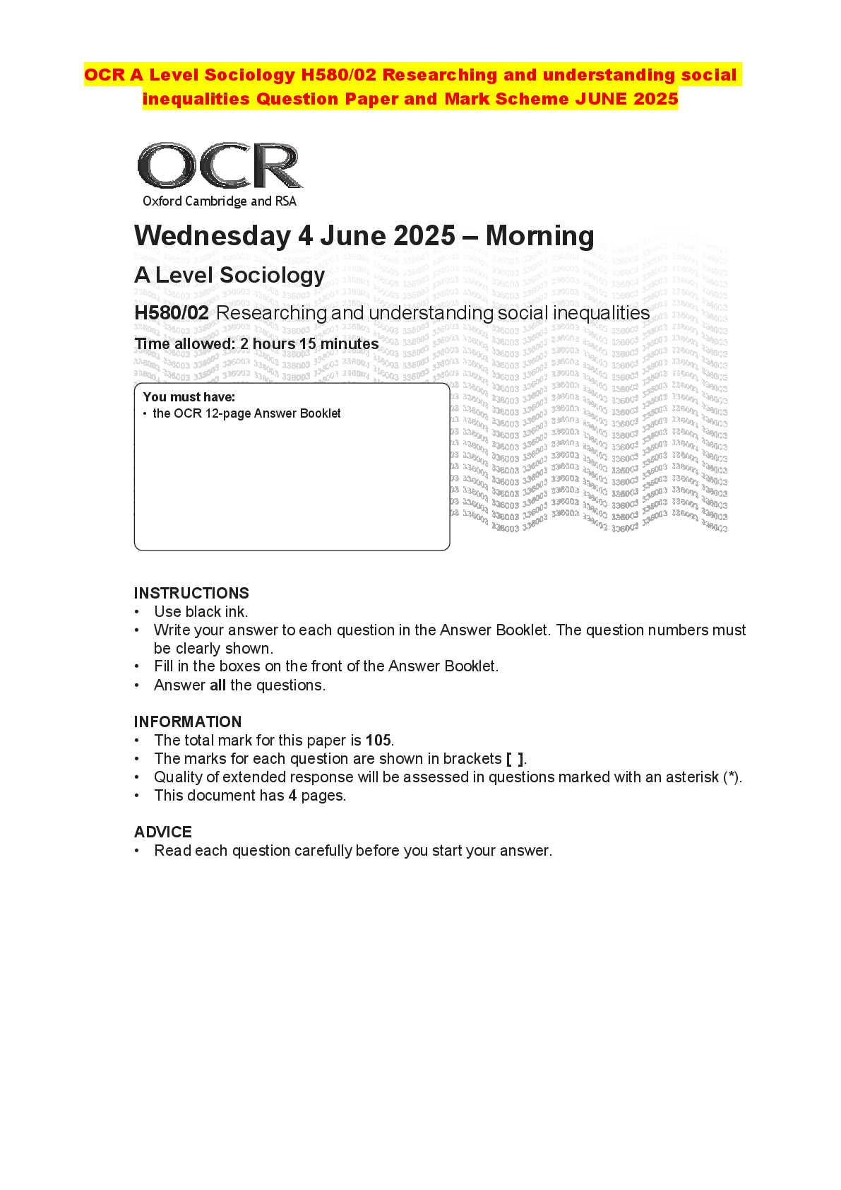 Recommended document preview for OCR A Level Sociology H580/02 Researching and understanding social inequalities Question Paper and Mark Scheme JUNE 2025