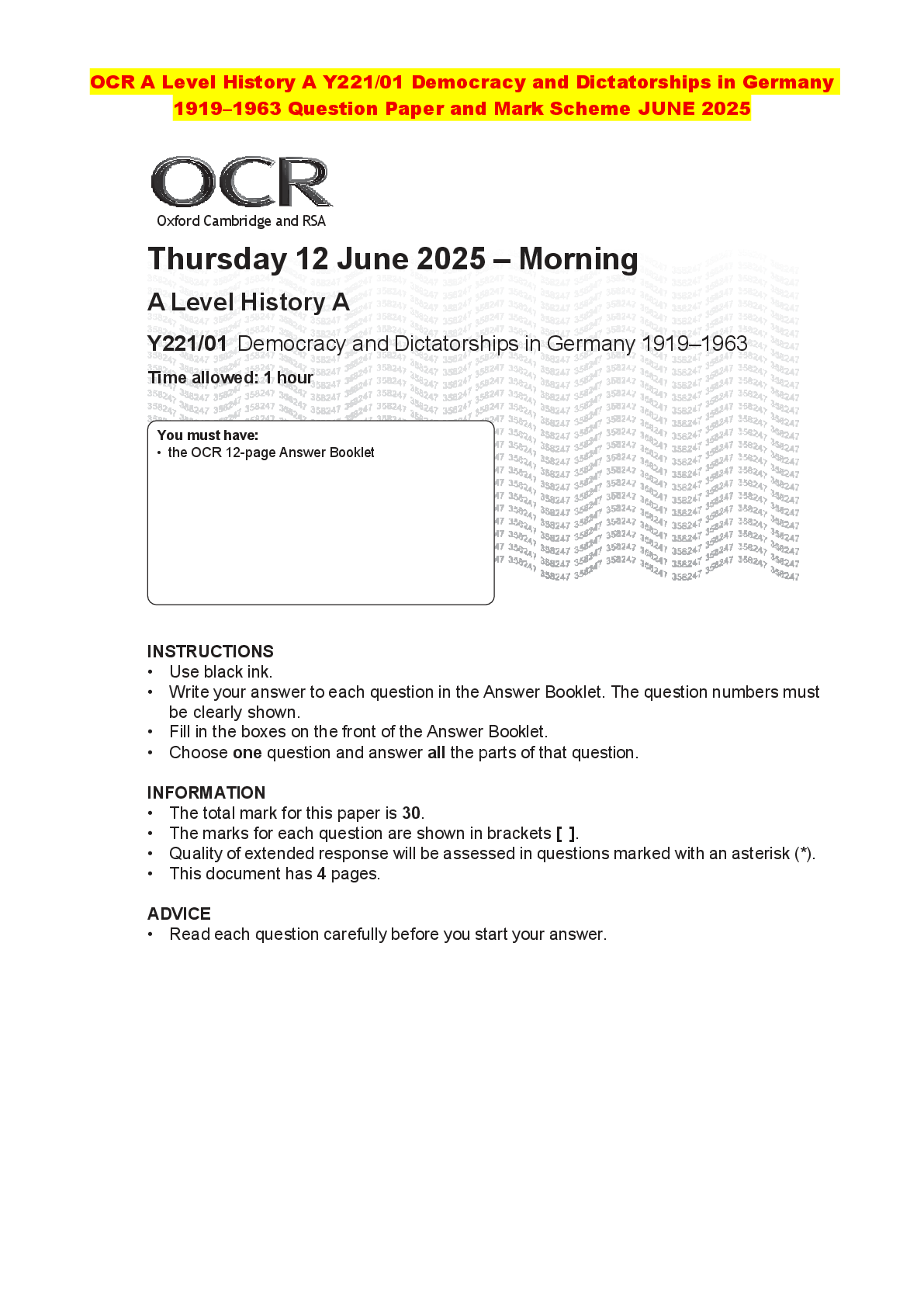 Recommended document preview for OCR A Level History A Y221/01 Democracy and Dictatorships in Germany 1919–1963 Question Paper and Mark Scheme JUNE 2025