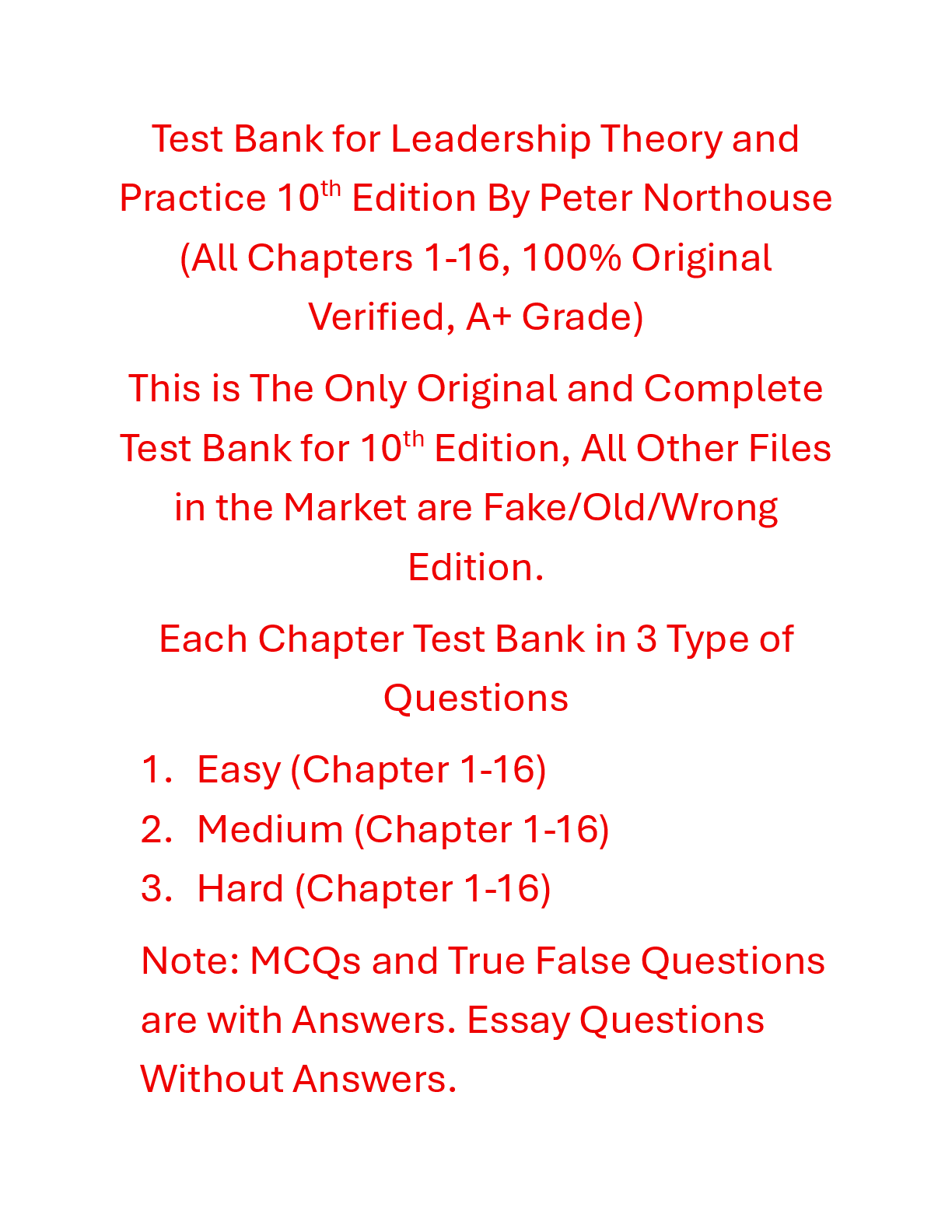 Recommended document preview for Test Bank Leadership Theory and Practice 10th Edition By Peter Northouse