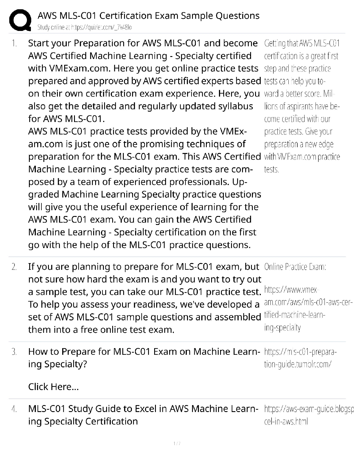 Recommended document preview for AWS MLS-C01 / Score 100% / New Version 2025 Update / Certification Exam Sample Questions Study Guide
