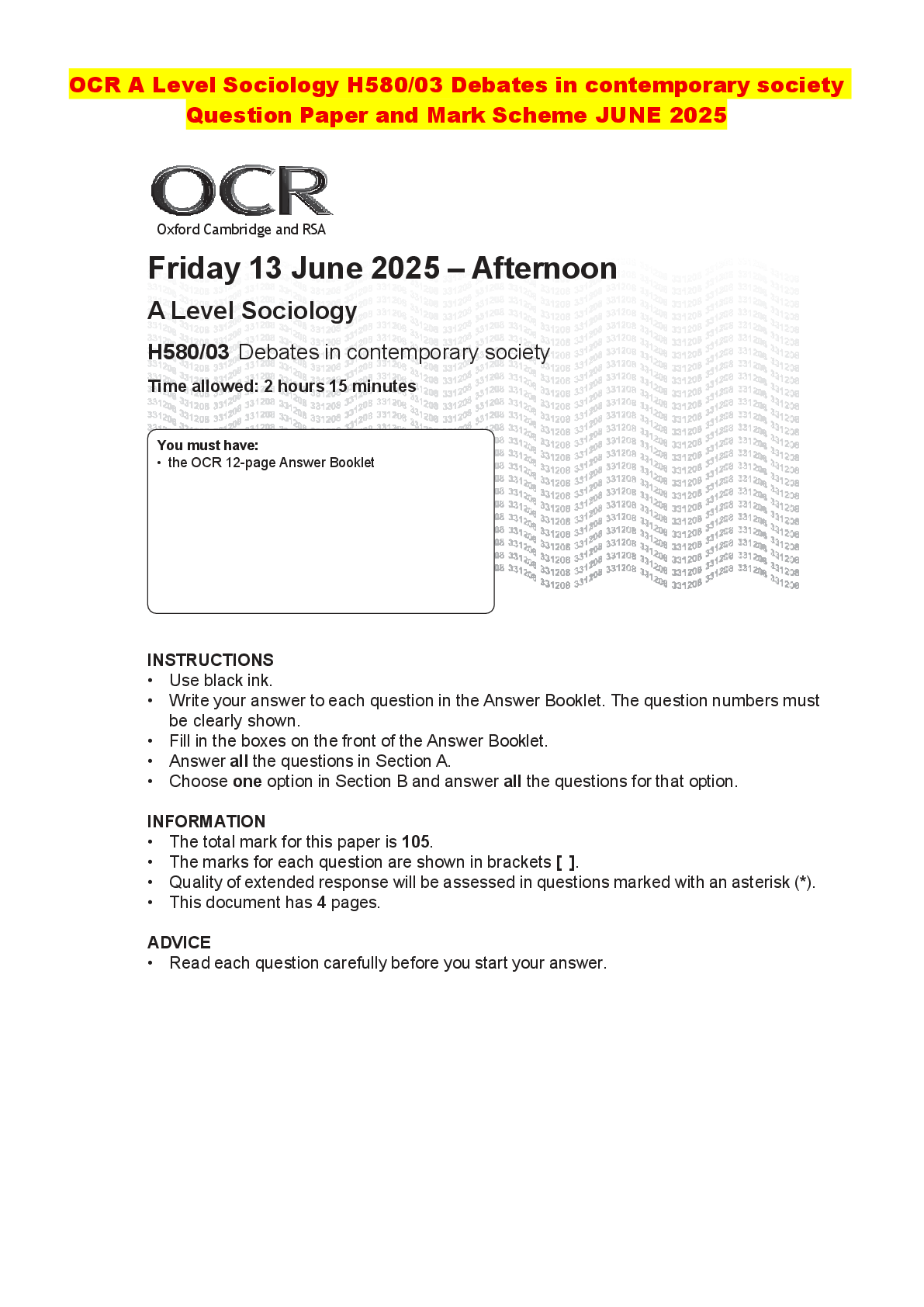 Recommended document preview for OCR A Level Sociology H580/03 Debates in contemporary society Question Paper and Mark Scheme JUNE 2025