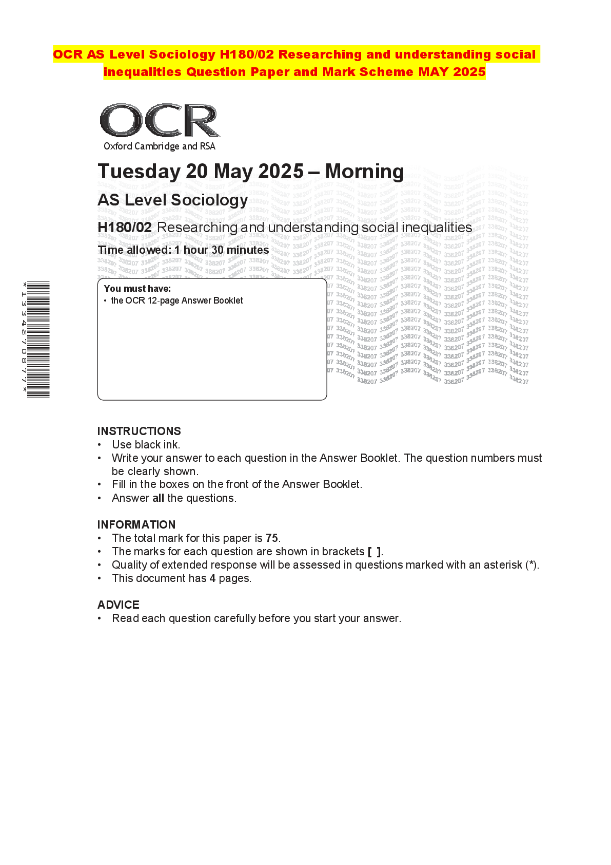 Recommended document preview for OCR AS Level Sociology H180/02 Researching and understanding social inequalities Question Paper and Mark Scheme MAY 2025