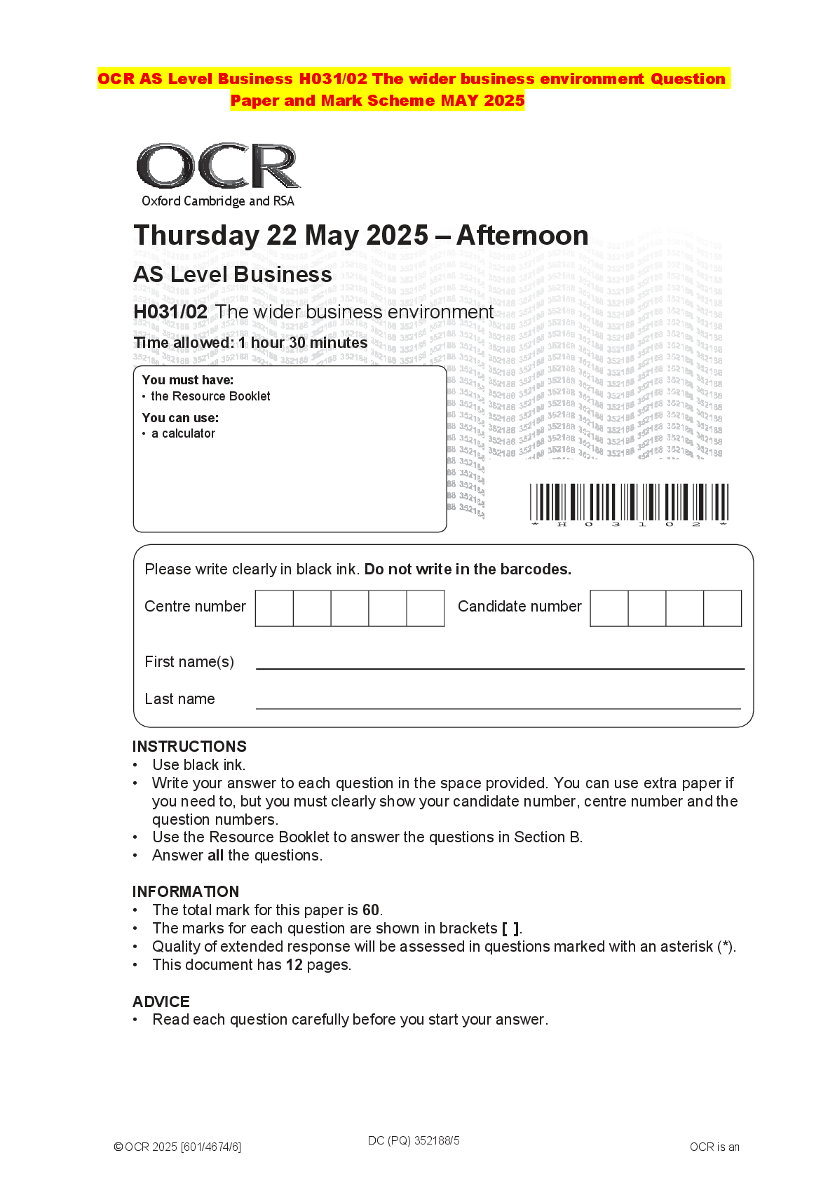 Recommended document preview for OCR AS Level Business H031/02 The wider business environment Question Paper and Mark Scheme MAY 2025