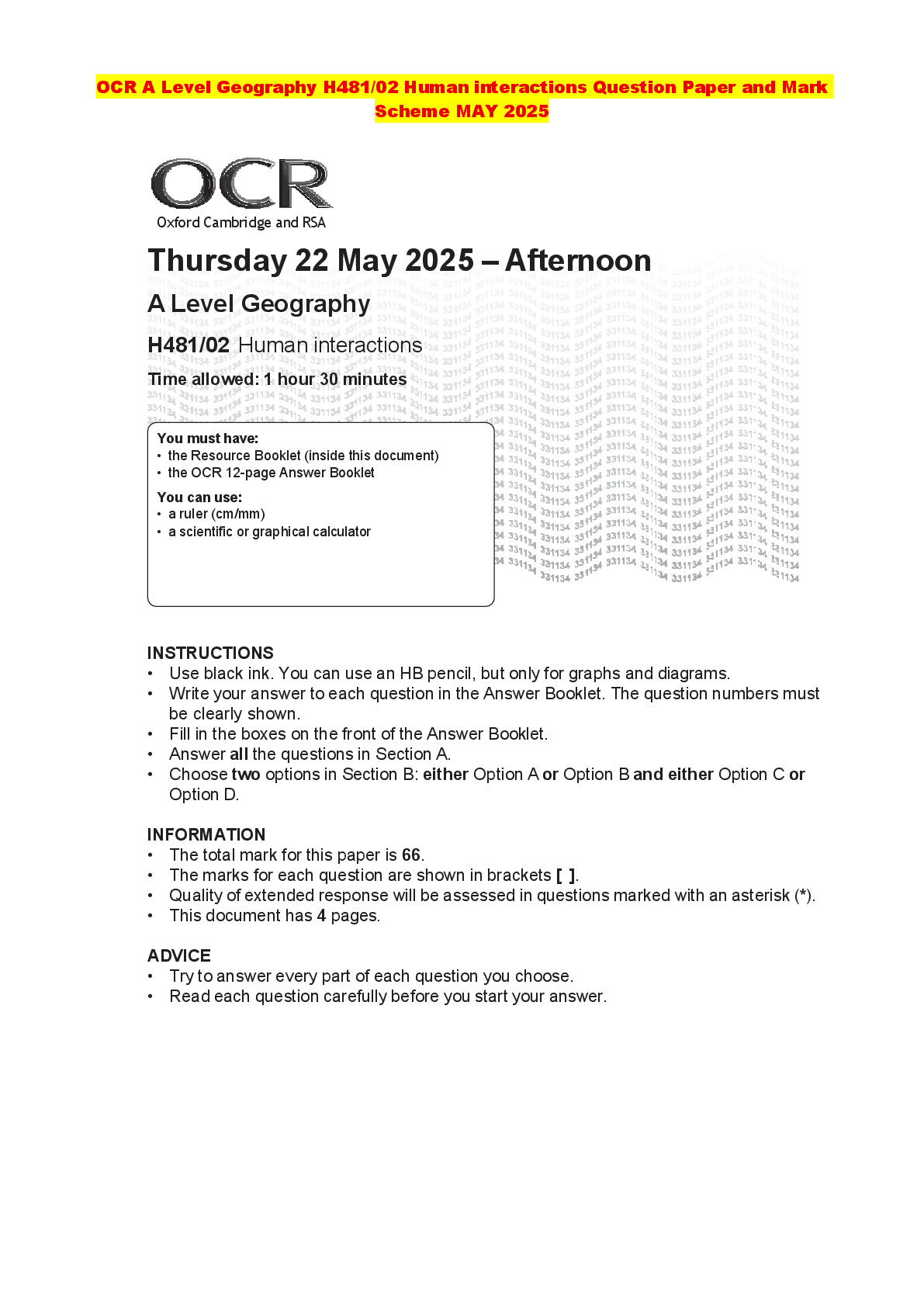 Recommended document preview for OCR A Level Geography H481/02 Human interactions Question Paper and Mark Scheme MAY 2025