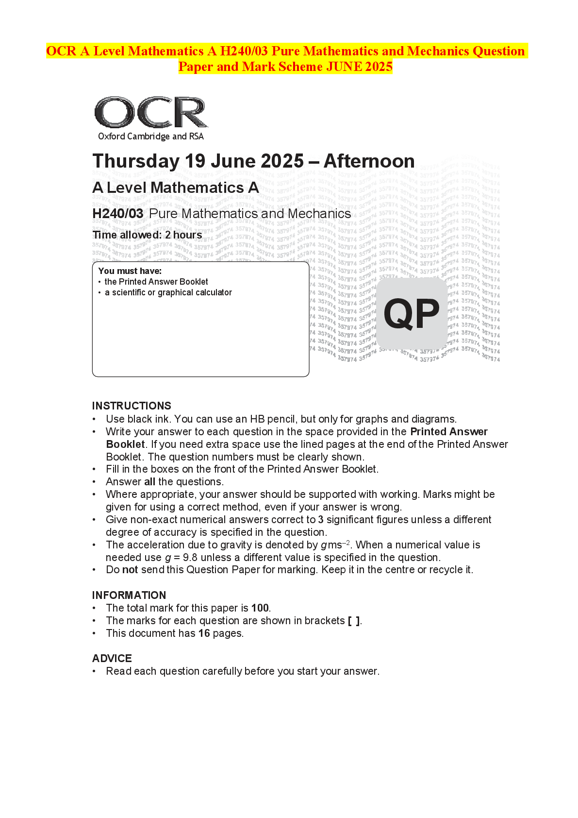 Recommended document preview for OCR A Level Mathematics A H240/03 Pure Mathematics and Mechanics Question Paper and Mark Scheme JUNE 2025