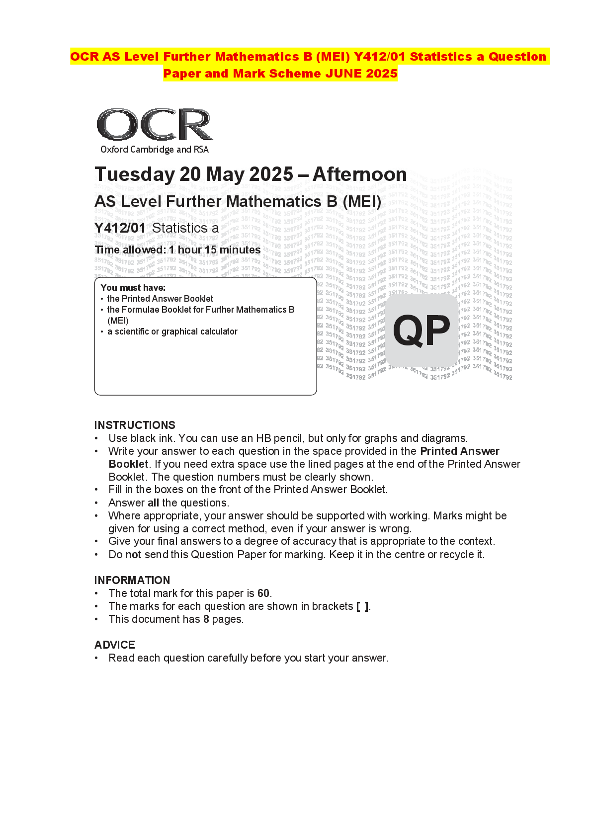 Recommended document preview for OCR AS Level Further Mathematics B (MEI) Y412/01 Statistics a Question Paper and Mark Scheme JUNE 2025