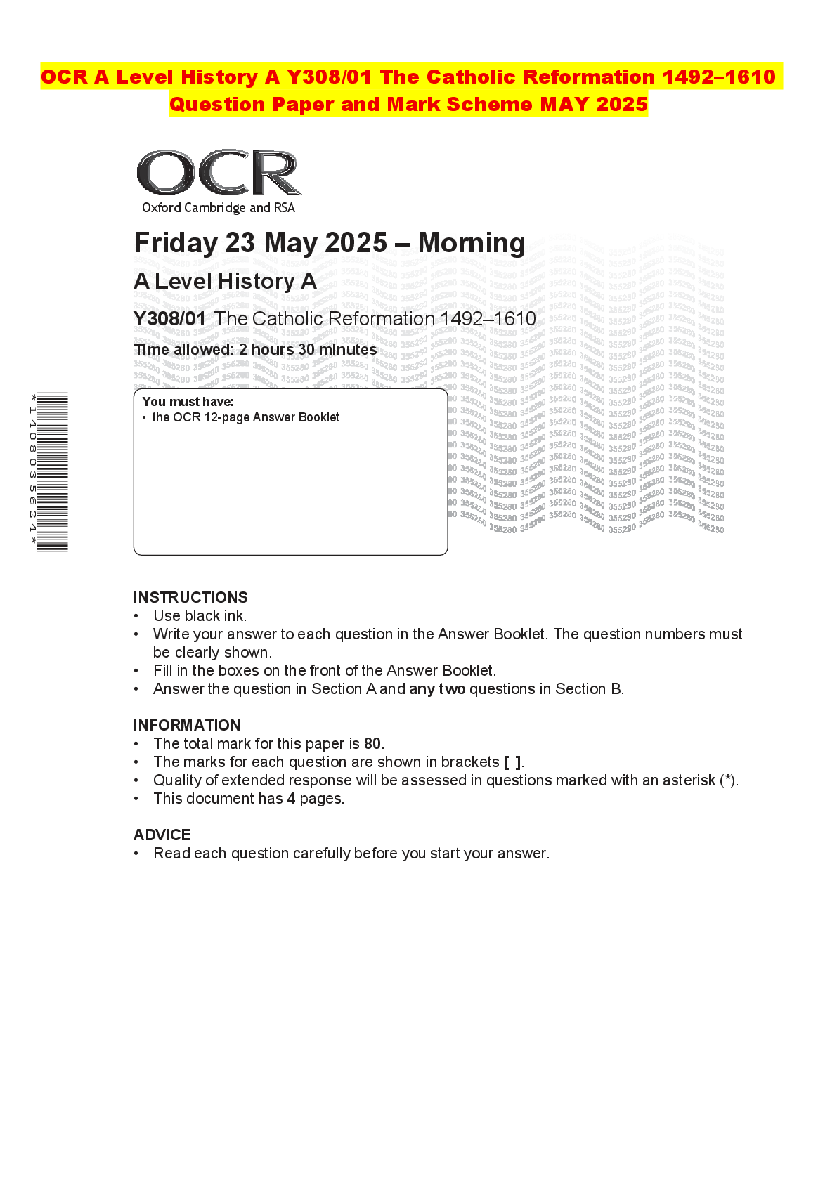 Recommended document preview for OCR A Level History A Y308/01 The Catholic Reformation 1492–1610 Question Paper and Mark Scheme MAY 2025