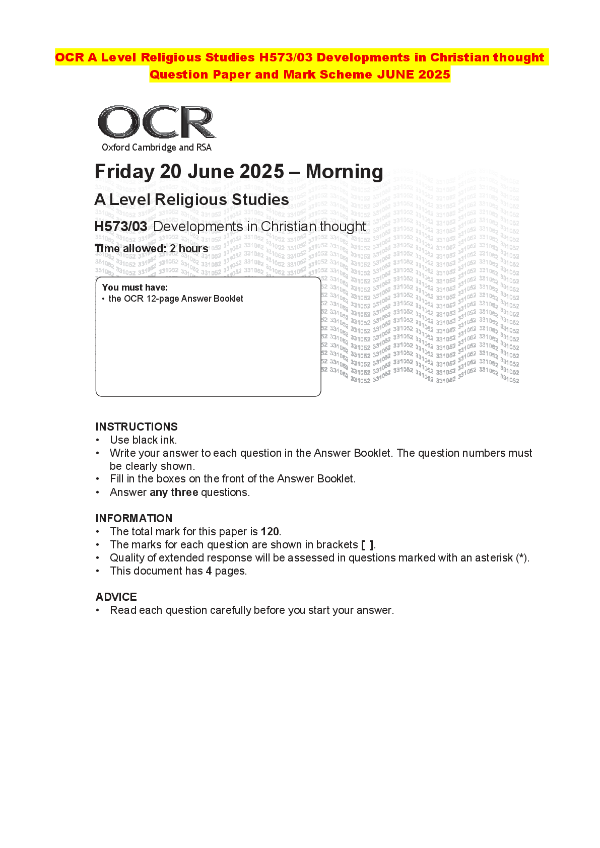 Recommended document preview for OCR A Level Religious Studies H573/03 Developments in Christian thought Question Paper and Mark Scheme JUNE 2025