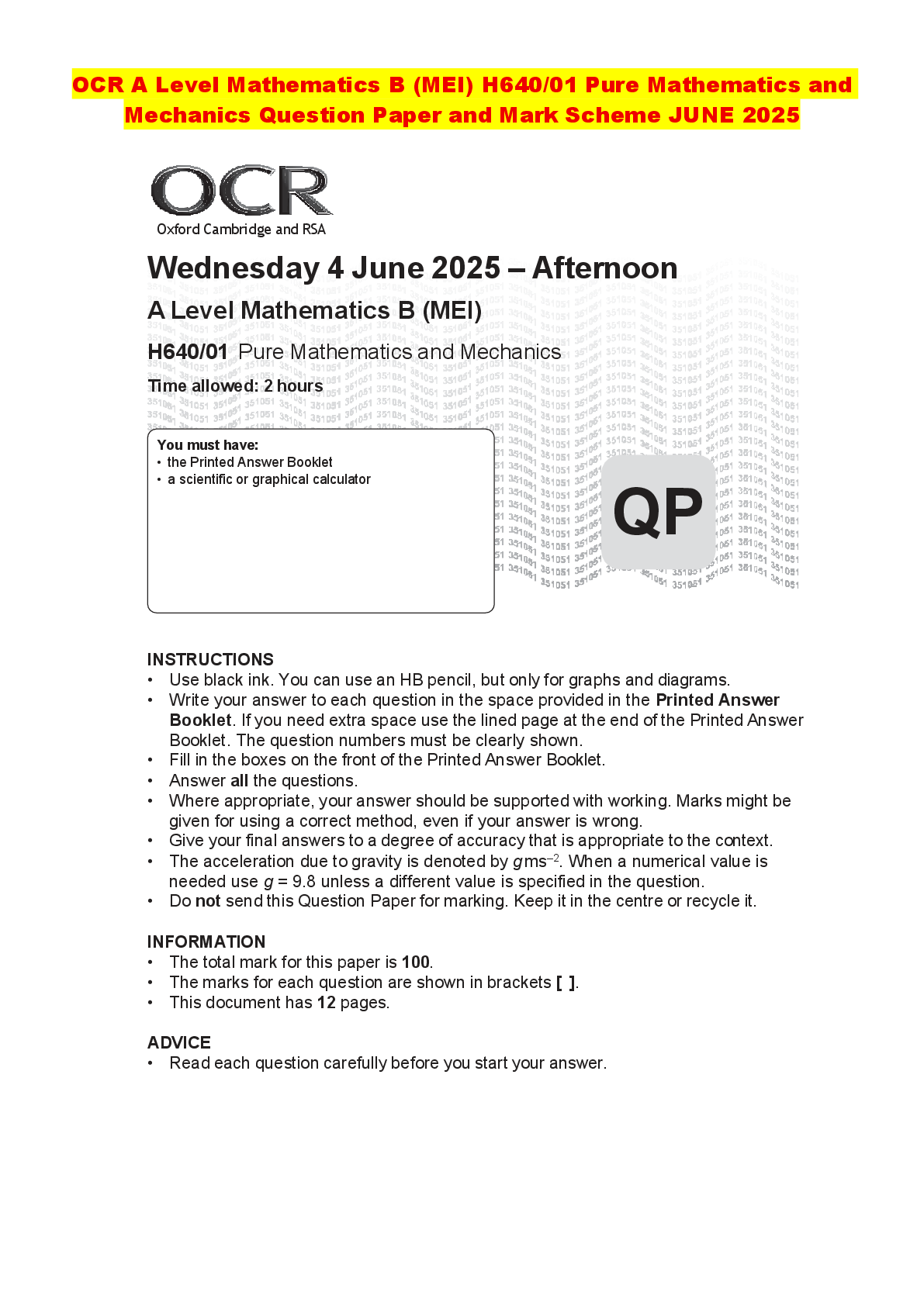 Recommended document preview for OCR A Level Mathematics B (MEI) H640/01 Pure Mathematics and Mechanics Question Paper and Mark Scheme JUNE 2025
