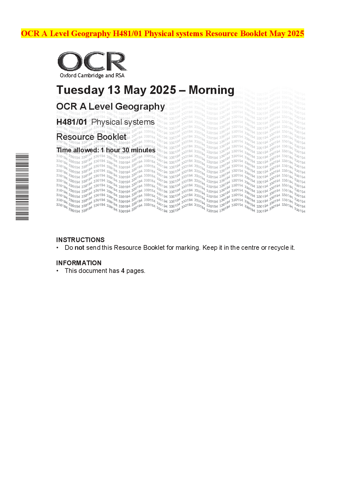 Preview of OCR A Level Geography H481/01 Physical systems Resource Booklet May 2025