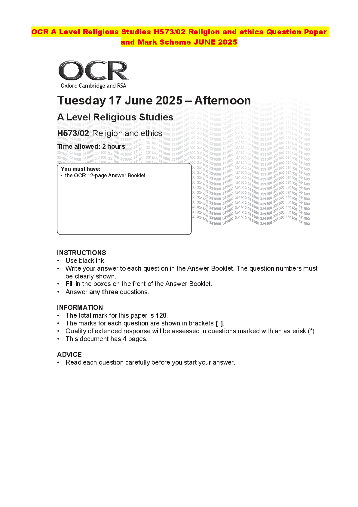 Recommended document preview for OCR A Level Religious Studies H573/02 Religion and ethics Question Paper and Mark Scheme JUNE 2025
