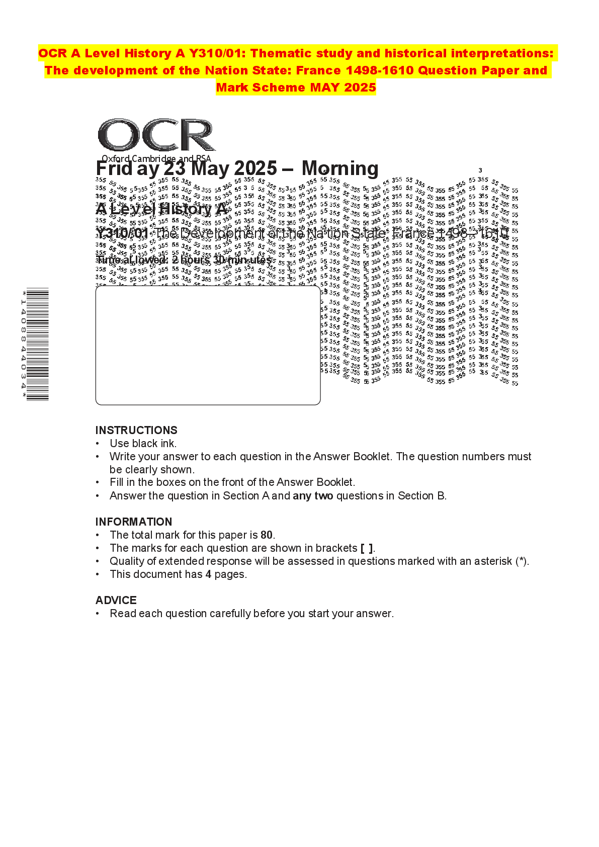 Recommended document preview for OCR A Level History A Y310/01: Thematic study and historical interpretations: The development of the Nation State: France 1498-1610 Question Paper and Mark Scheme MAY 2025