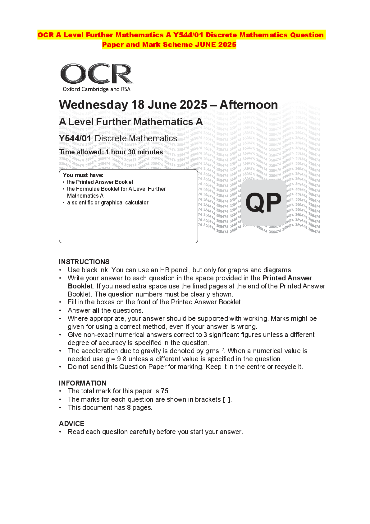 Recommended document preview for OCR A Level Further Mathematics A Y544/01 Discrete Mathematics Question Paper and Mark Scheme JUNE 2025