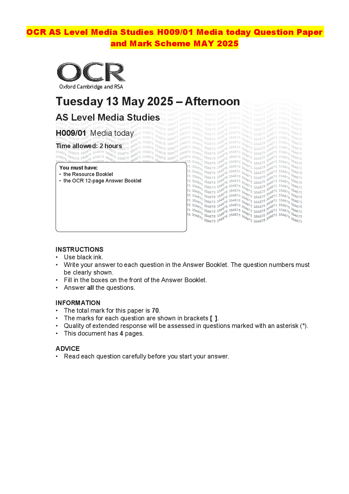 Recommended document preview for OCR AS Level Media Studies H009/01 Media today Question Paper and Mark Scheme MAY 2025