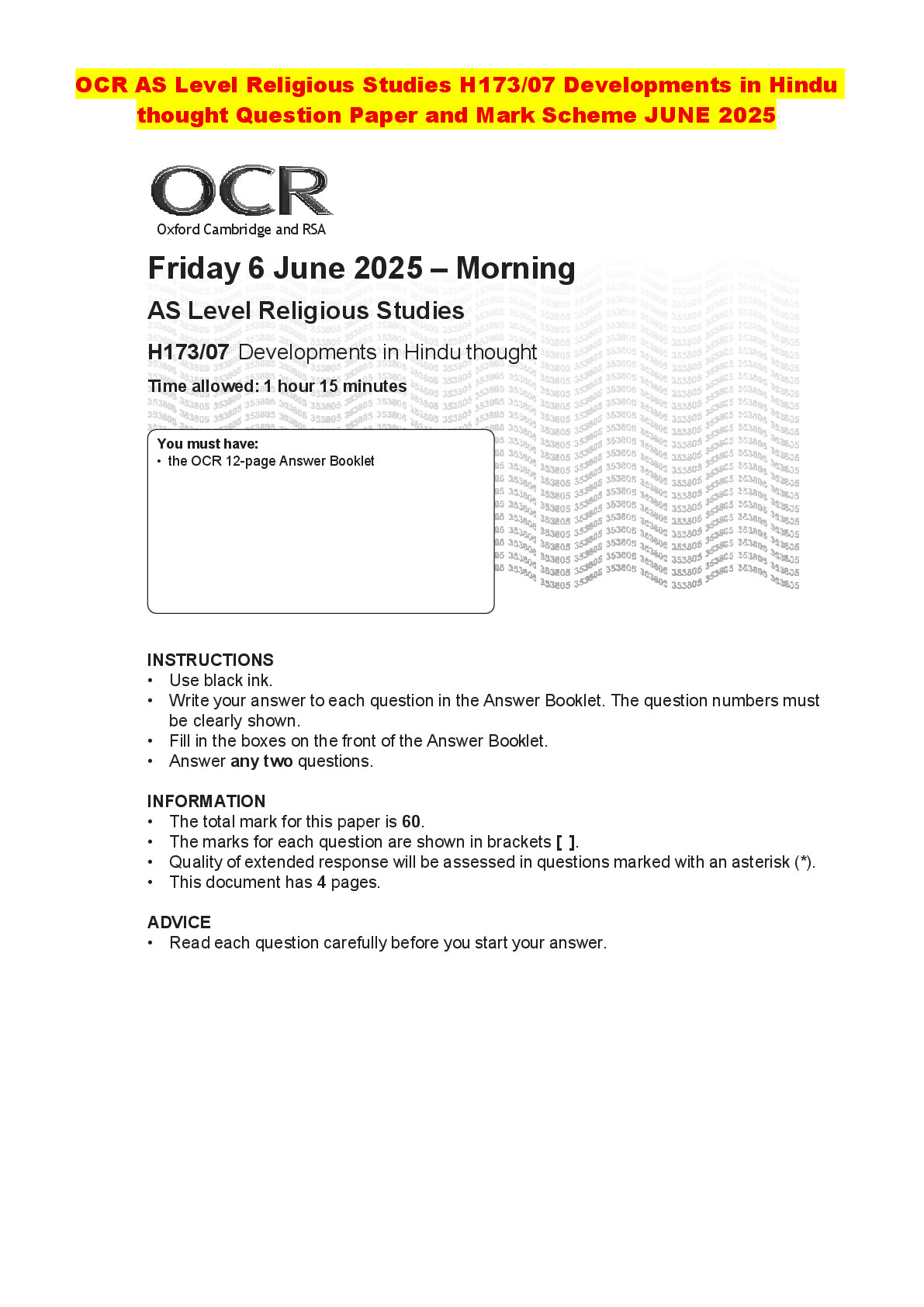 Recommended document preview for OCR AS Level Religious Studies H173/07 Developments in Hindu thought Question Paper and Mark Scheme JUNE 2025