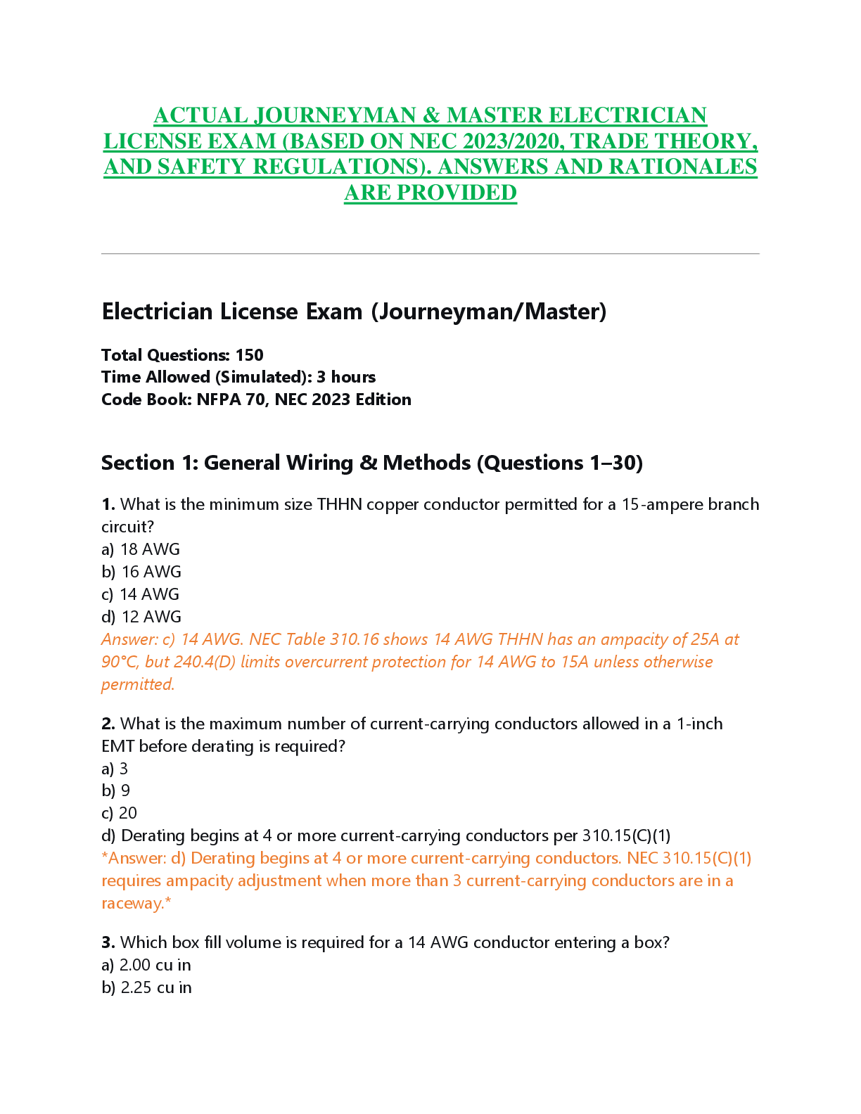 Preview of ACTUAL JOURNEYMAN & MASTER ELECTRICIAN  LICENSE EXAM (BASED ON NEC 2023/2020, TRADE THEORY,  AND SAFETY REGULATIONS). ANSWERS AND RATIONALES  ARE PROVIDED
