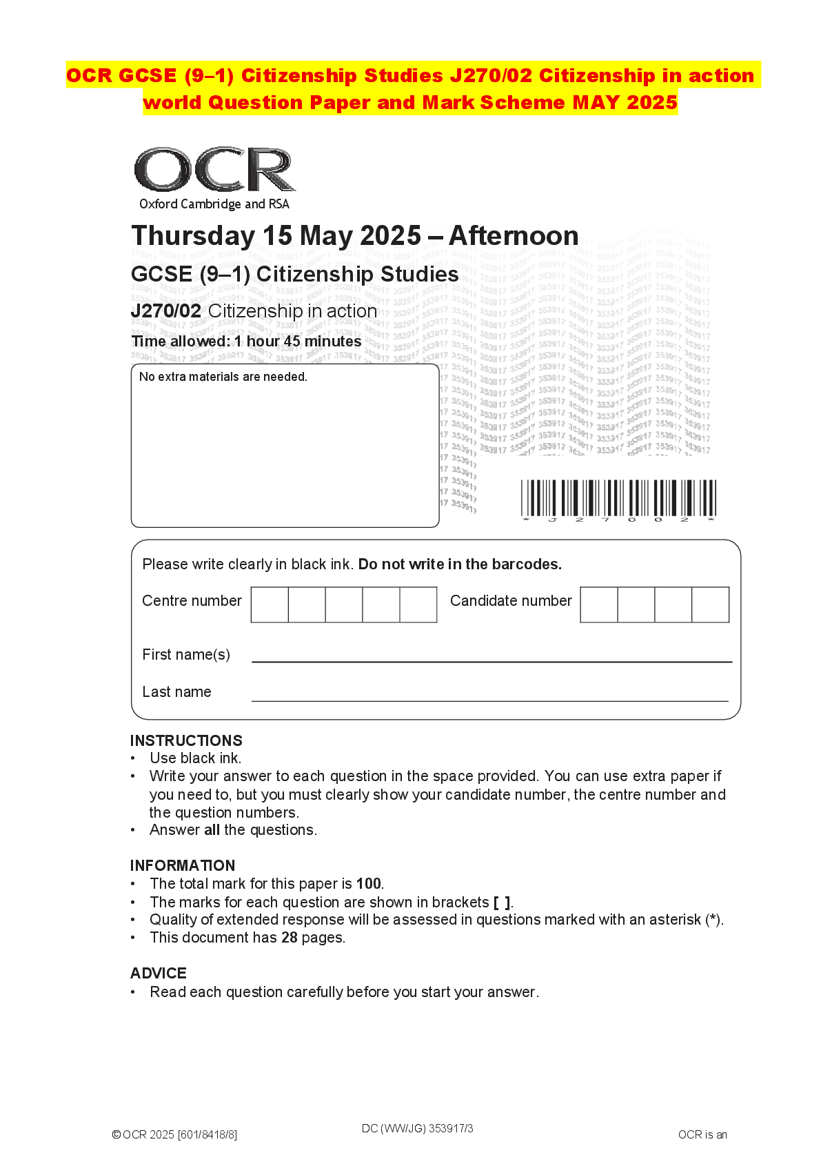 Recommended document preview for OCR GCSE (9–1) Citizenship Studies J270/02 Citizenship in action world Question Paper and Mark Scheme MAY 2025