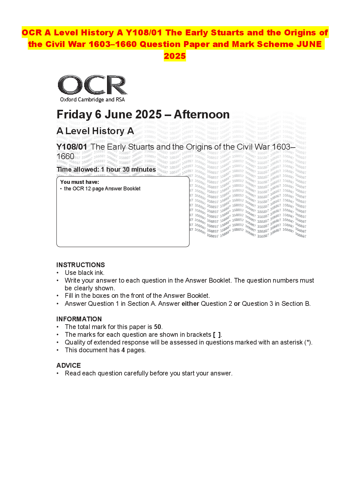 Recommended document preview for OCR A Level History A Y108/01 The Early Stuarts and the Origins of the Civil War 1603–1660 Question Paper and Mark Scheme JUNE 2025