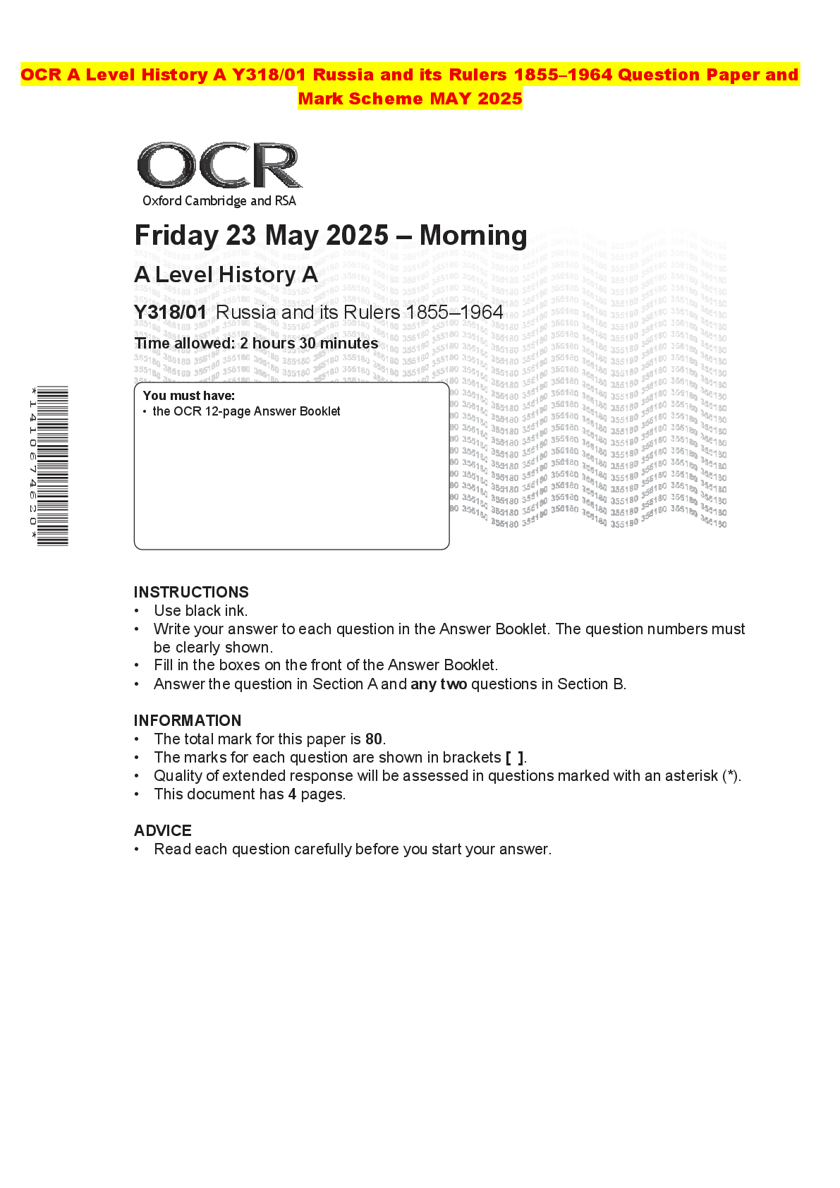 Recommended document preview for OCR A Level History A Y318/01 Russia and its Rulers 1855–1964 Question Paper and Mark Scheme MAY 2025