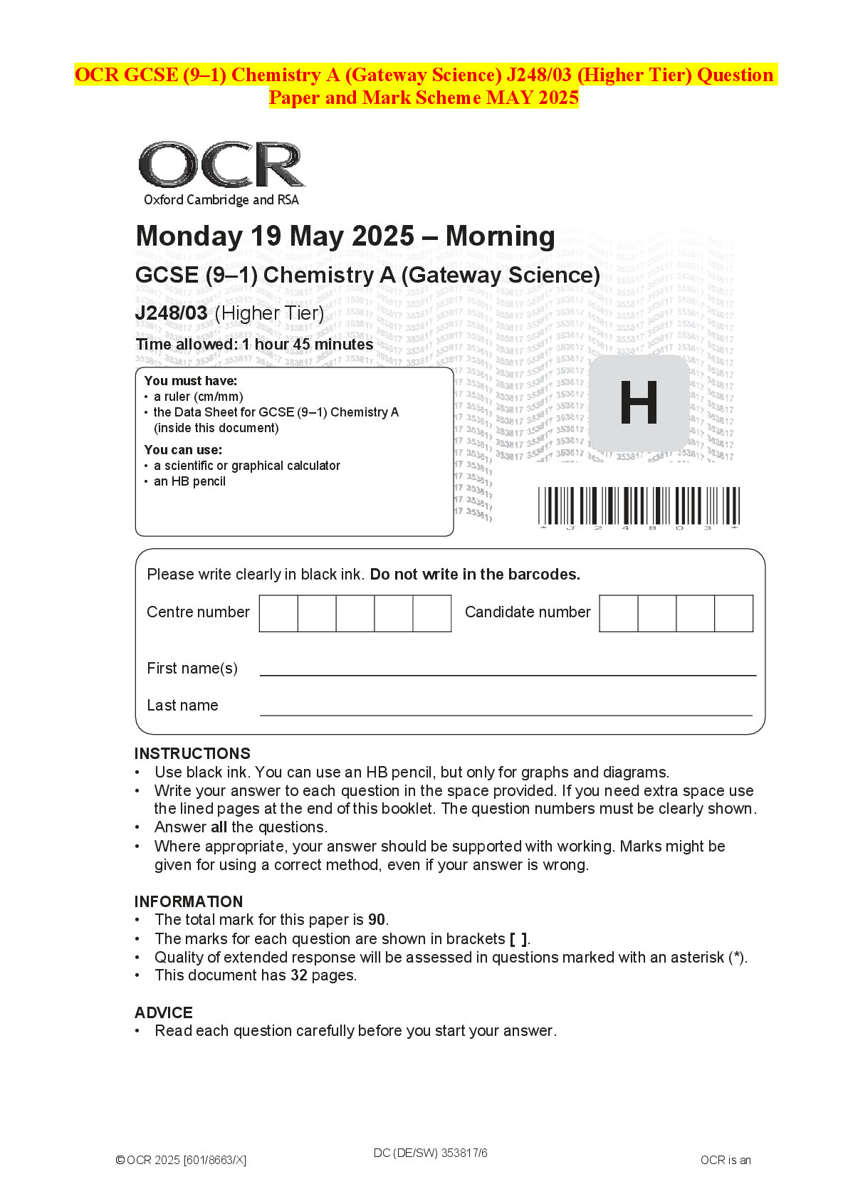 Recommended document preview for OCR GCSE (9–1) Chemistry A (Gateway Science) J248/03 (Higher Tier) Question Paper and Mark Scheme MAY 2025