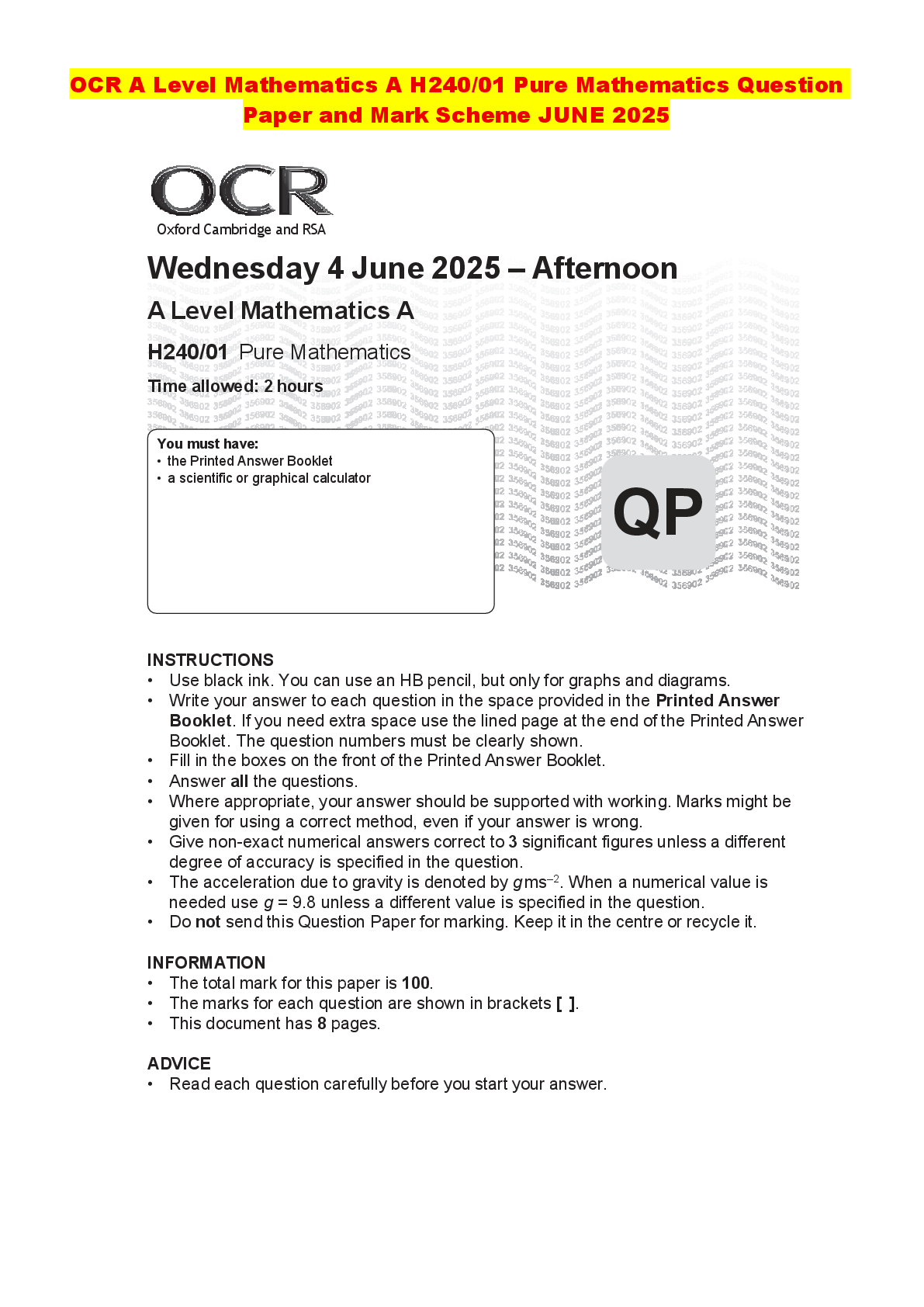 Recommended document preview for OCR A Level Mathematics A H240/01 Pure Mathematics Question Paper and Mark Scheme JUNE 2025