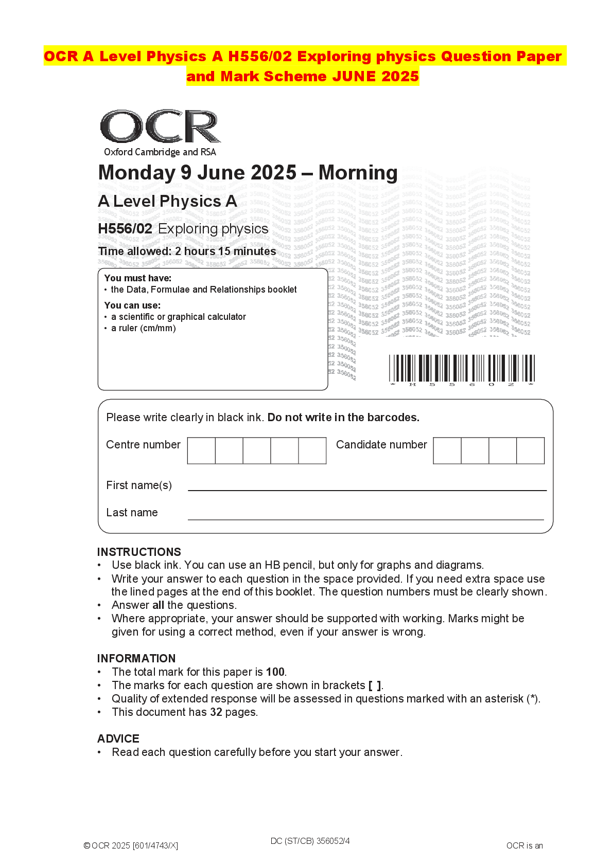 Recommended document preview for OCR A Level Physics A H556/02 Exploring physics Question Paper and Mark Scheme JUNE 2025