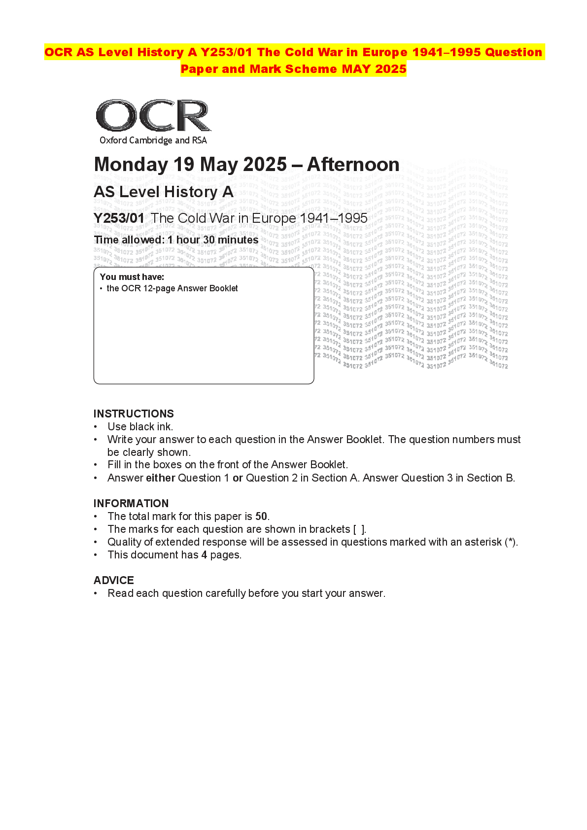 Recommended document preview for OCR AS Level History A Y253/01 The Cold War in Europe 1941–1995 Question Paper and Mark Scheme MAY 2025