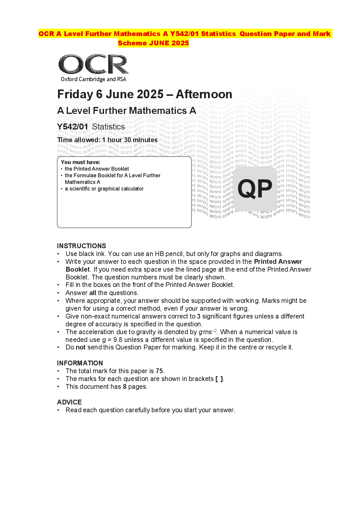 Recommended document preview for OCR A Level Further Mathematics A Y542/01 Statistics Question Paper and Mark Scheme JUNE 2025