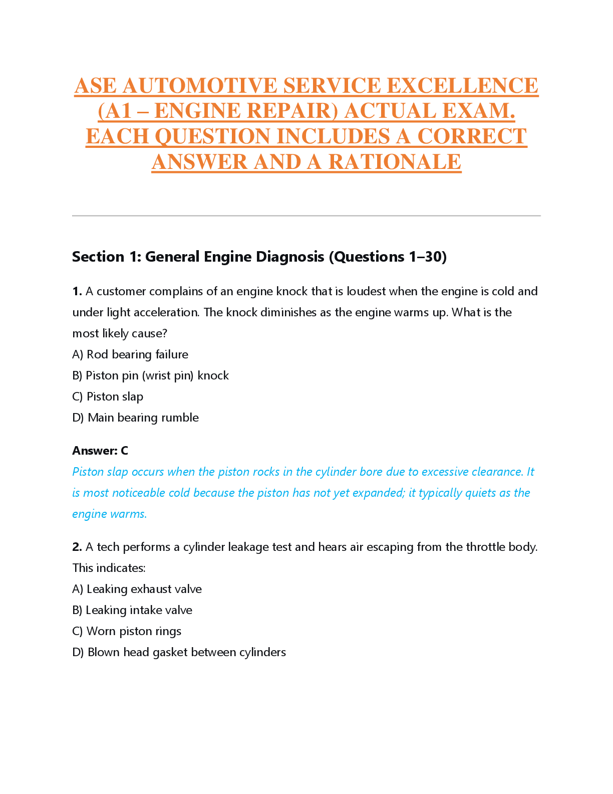 Preview of ASE AUTOMOTIVE SERVICE EXCELLENCE  (A1 – ENGINE REPAIR) ACTUAL EXAM.  EACH QUESTION INCLUDES A CORRECT  ANSWER AND A RATIONALE
