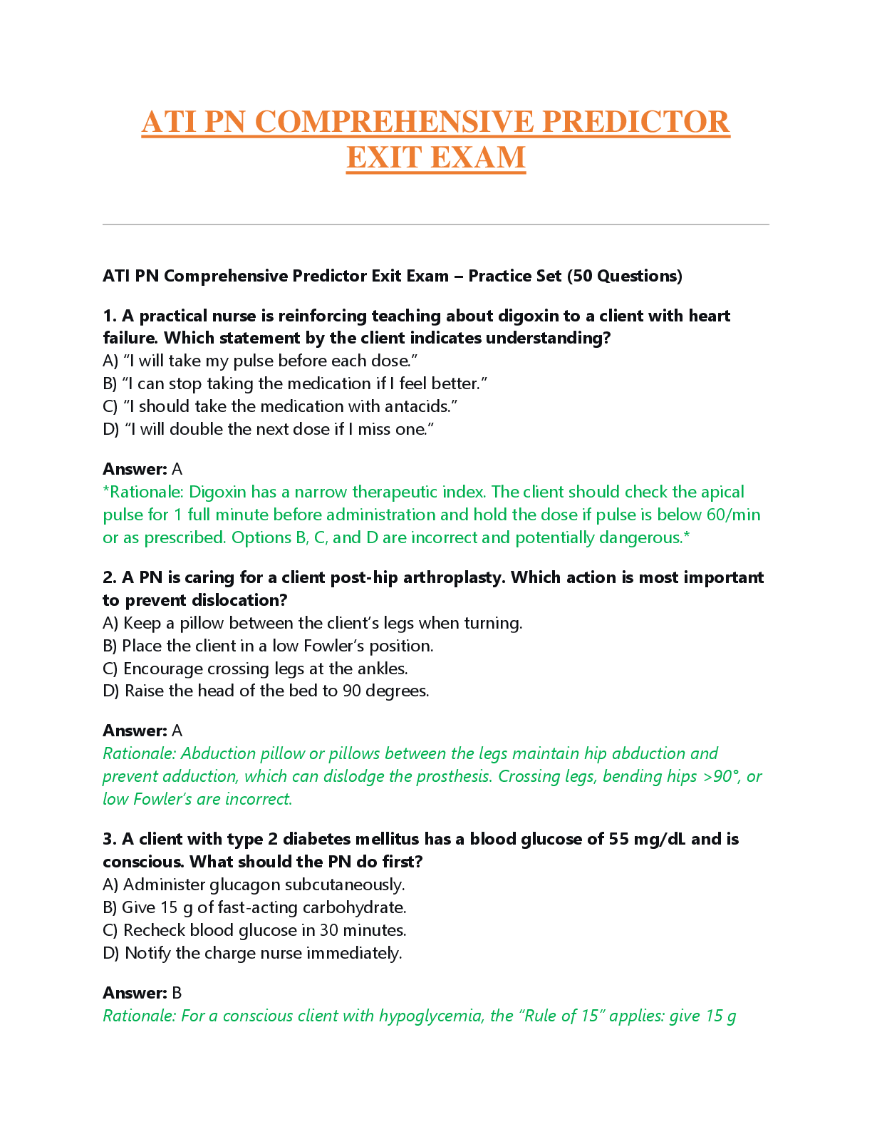 Preview of ATI PN COMPREHENSIVE PREDICTOR  EXIT EXAM