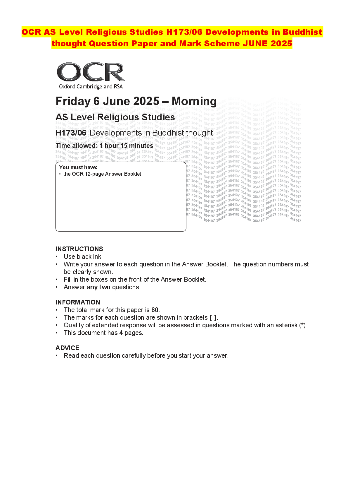 Recommended document preview for AS Level Religious Studies H173/03 Developments in Christian thought Question Paper and Mark Scheme JUNE 2025