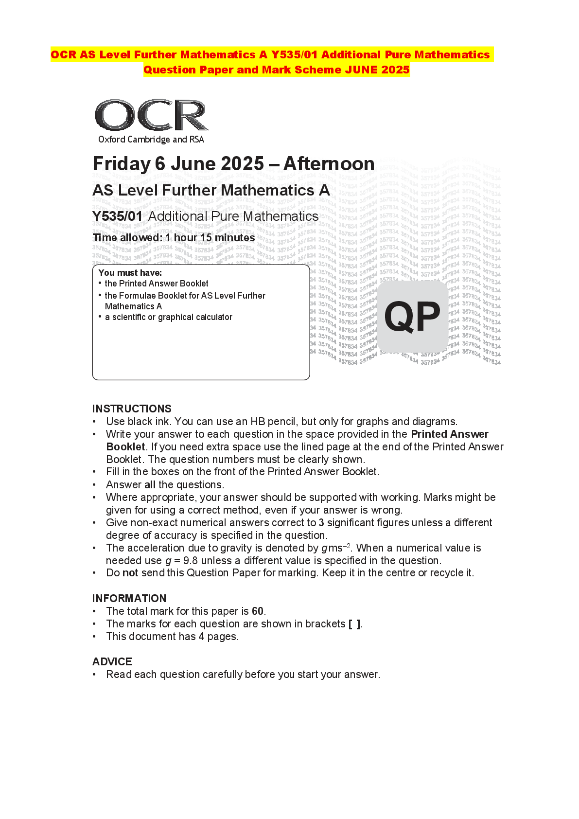 Recommended document preview for OCR AS Level Further Mathematics A Y535/01 Additional Pure Mathematics Question Paper and Mark Scheme JUNE 2025