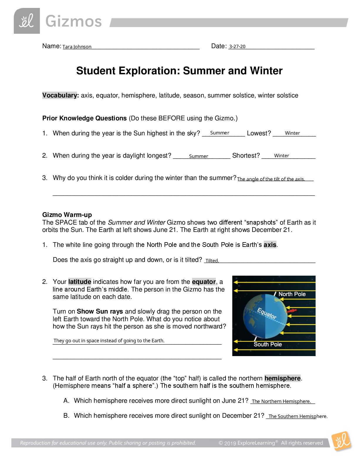 GIZMOS Summer and Winter: Vocabulary: axis, equator, hemisphere, latitude, season, summer solstice, winter solstice