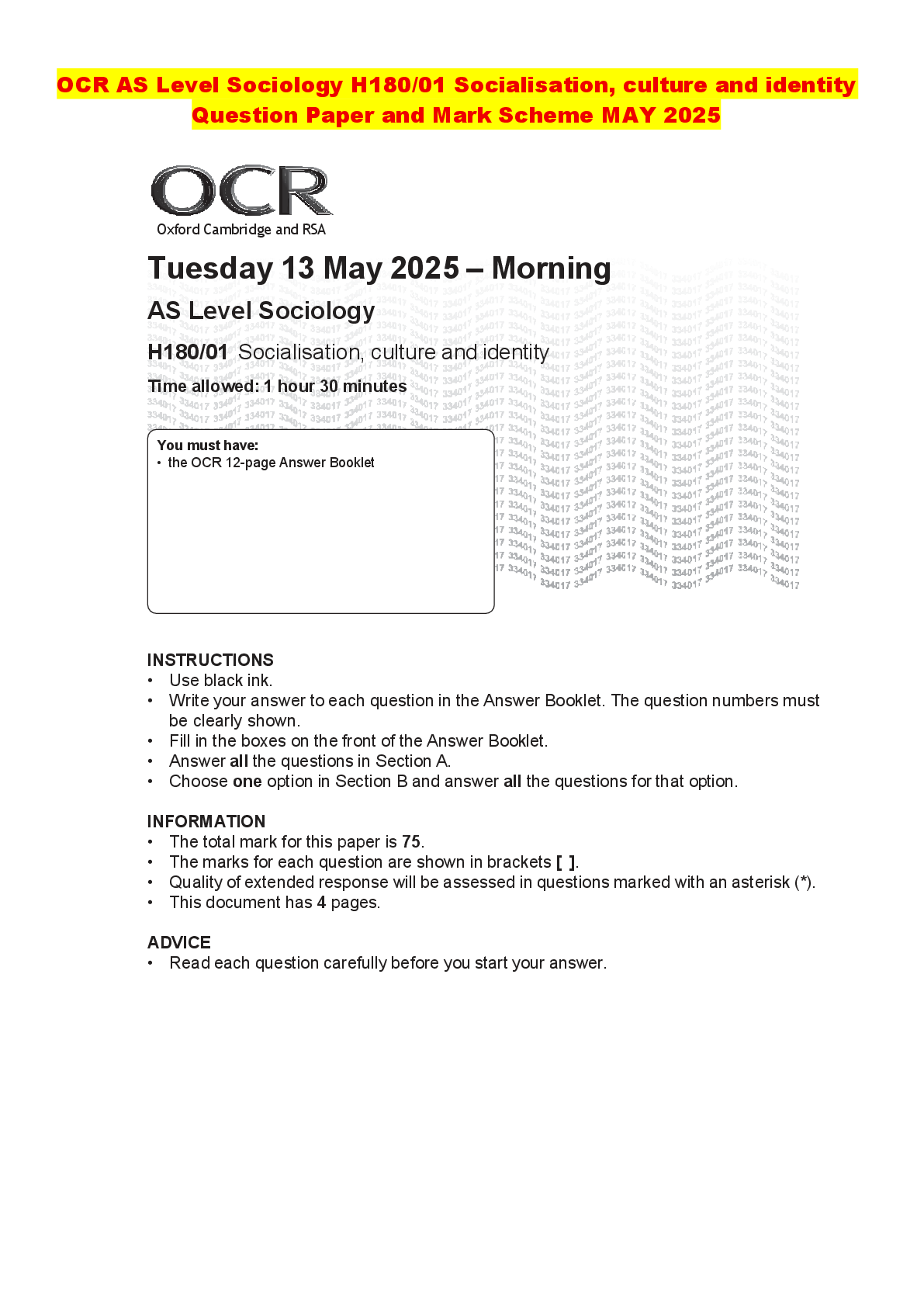 Recommended document preview for OCR AS Level Sociology H180/01 Socialisation, culture and identity Question Paper and Mark Scheme MAY 2025