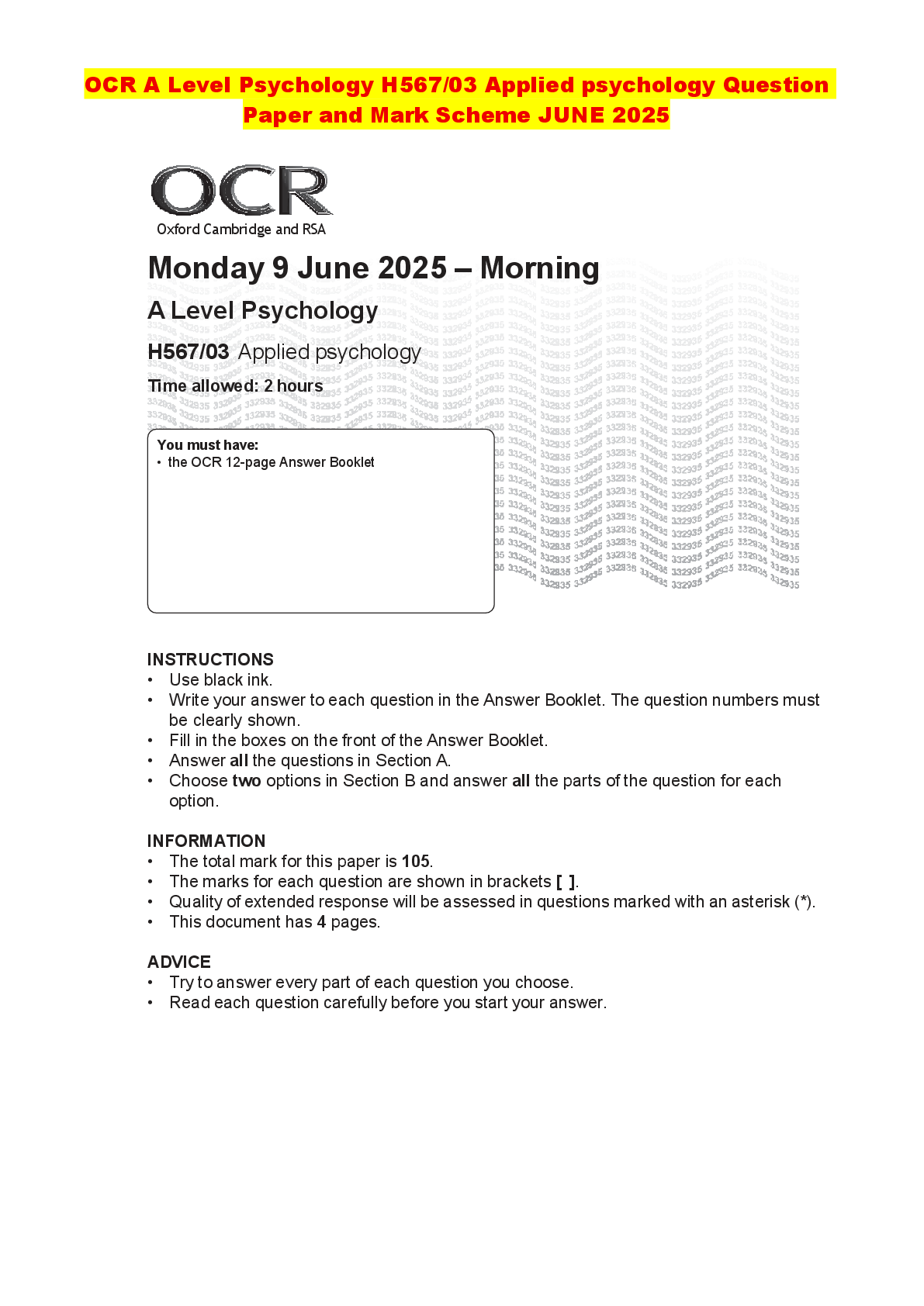 Recommended document preview for OCR A Level Psychology H567/03 Applied psychology Question Paper and Mark Scheme JUNE 2025