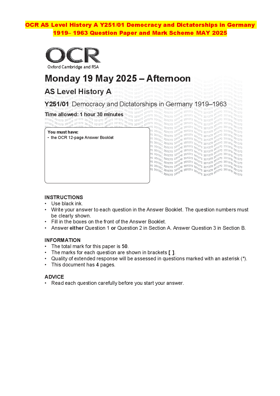 Recommended document preview for OCR AS Level History A Y251/01 Democracy and Dictatorships in Germany 1919– 1963 Question Paper and Mark Scheme MAY 2025