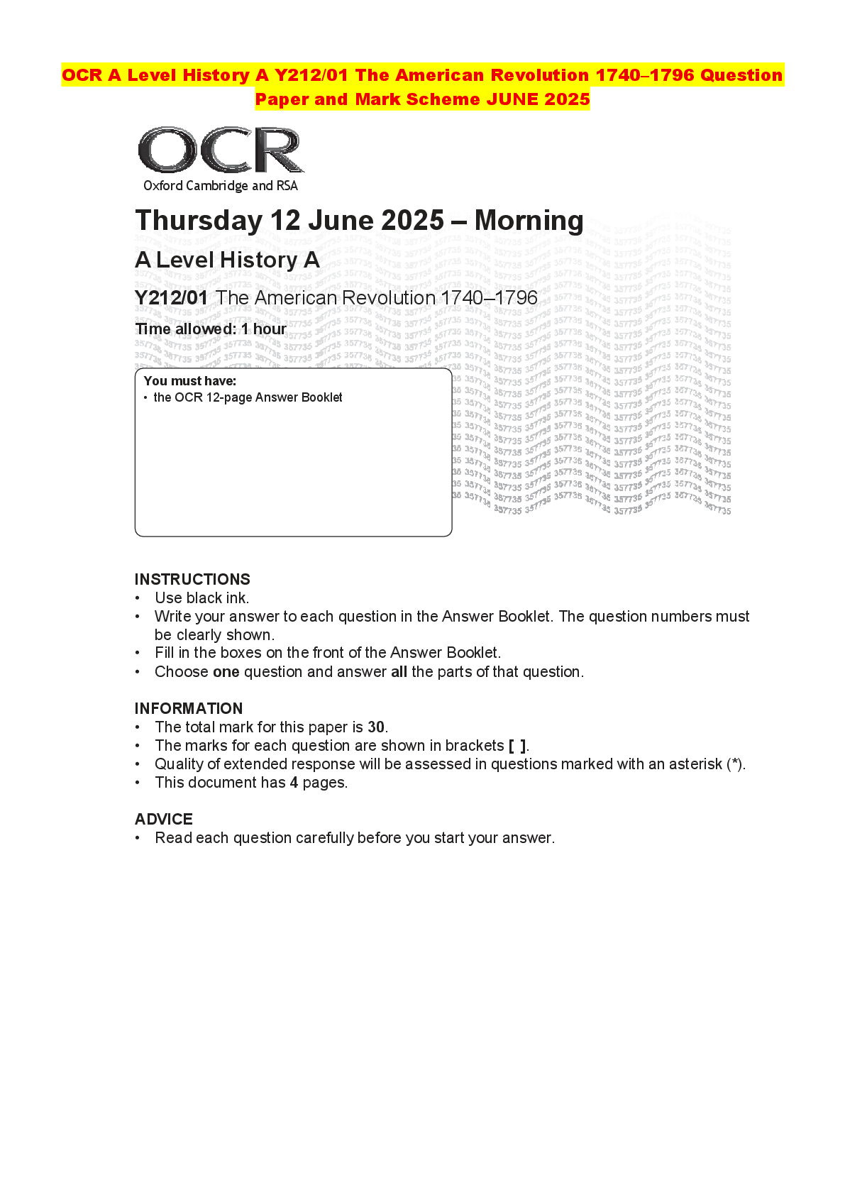 Recommended document preview for OCR A Level History A Y212/01 The American Revolution 1740–1796 Question Paper and Mark Scheme JUNE 2025