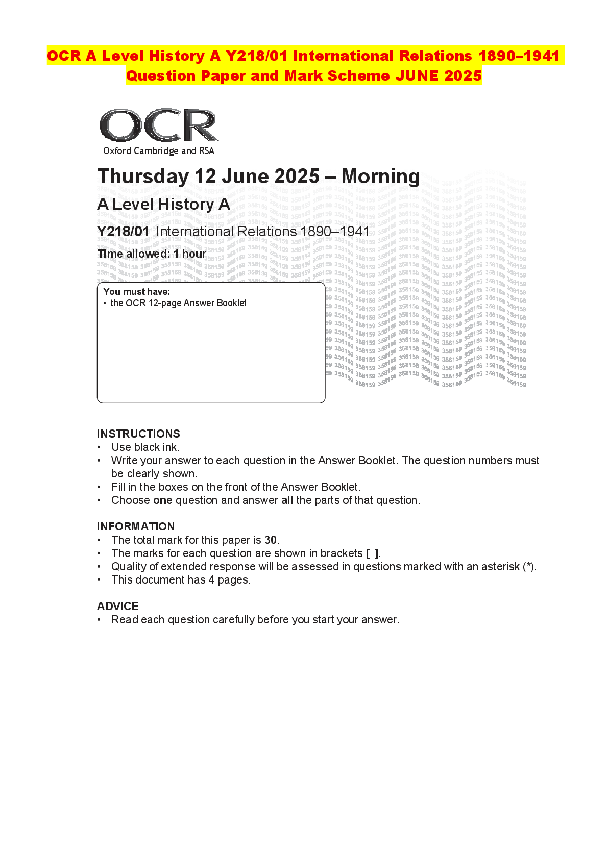 Recommended document preview for OCR A Level History A Y218/01 International Relations 1890–1941 Question Paper and Mark Scheme JUNE 2025