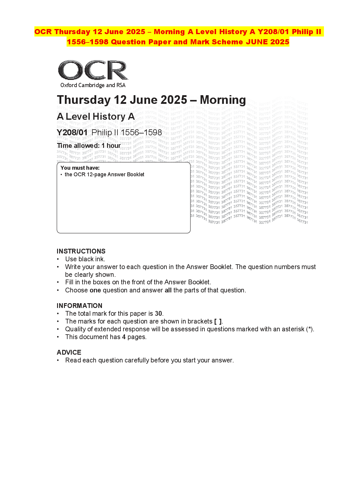 Recommended document preview for OCR Thursday 12 June 2025 – Morning A Level History A Y208/01 Philip II 1556–1598 Question Paper and Mark Scheme JUNE 2025