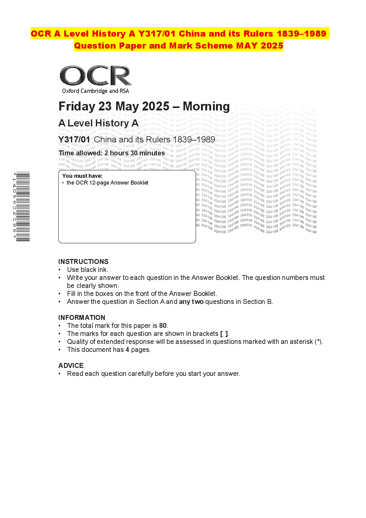 Recommended document preview for OCR A Level History A Y317/01 China and its Rulers 1839–1989 Question Paper and Mark Scheme MAY 2025
