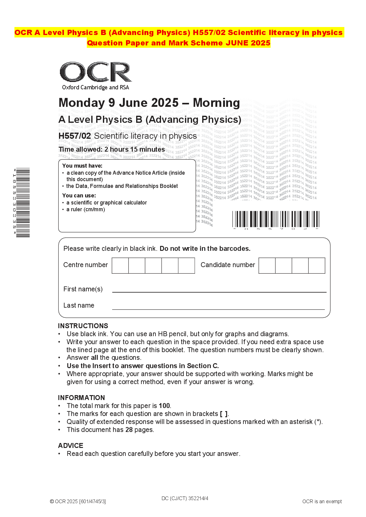 Recommended document preview for OCR A Level Physics B (Advancing Physics) H557/02 Scientific literacy in physics Question Paper and Mark Scheme JUNE 2025