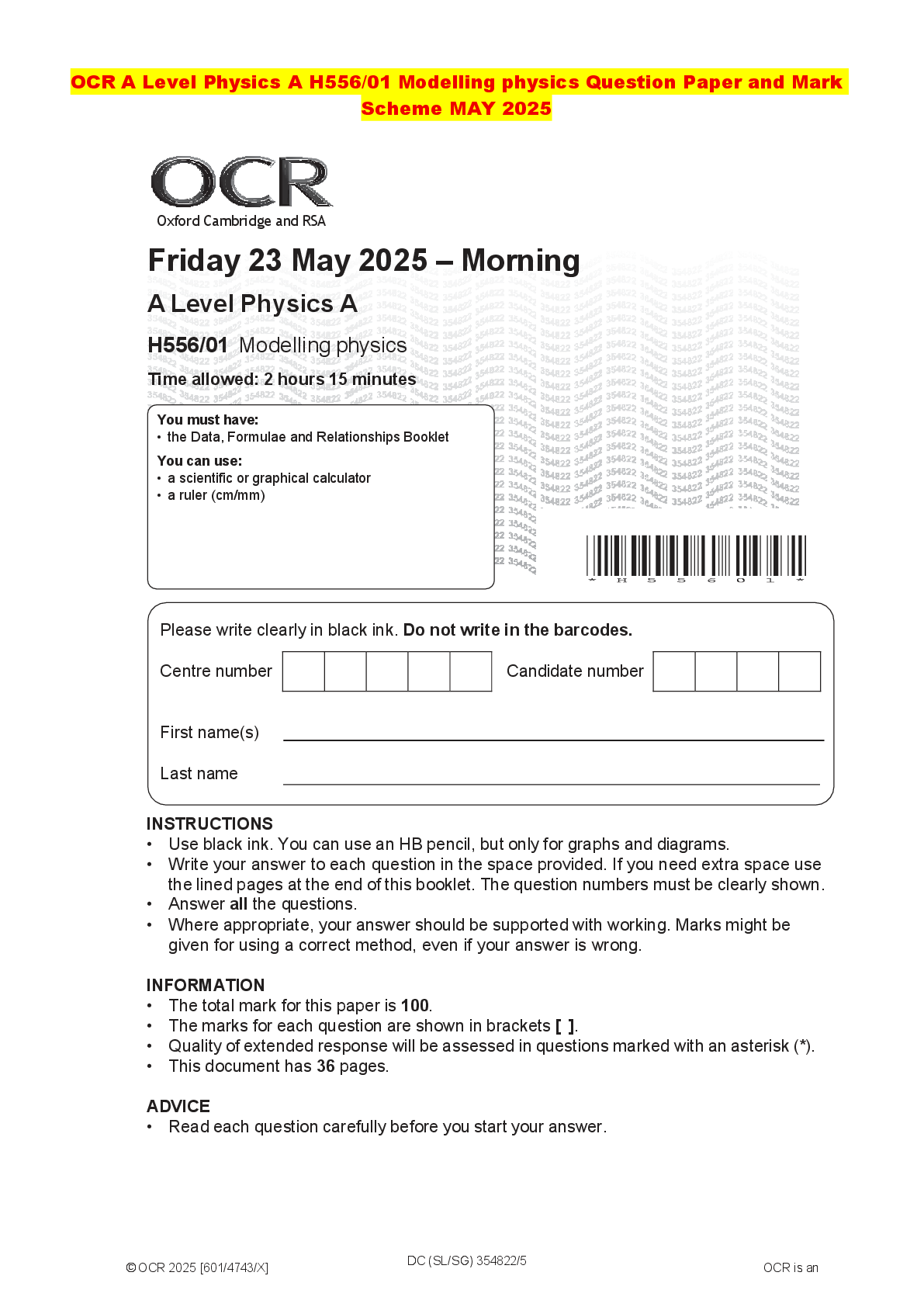 Recommended document preview for OCR A Level Physics A H556/01 Modelling physics Question Paper and Mark Scheme MAY 2025