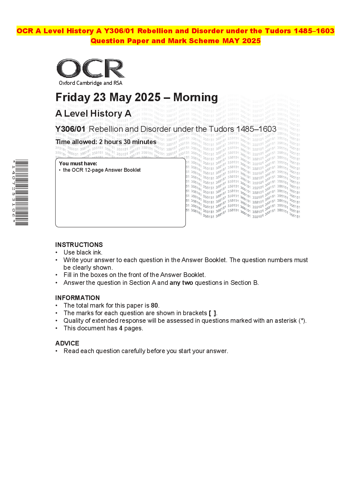 Recommended document preview for OCR A Level History A Y306/01 Rebellion and Disorder under the Tudors 1485–1603 Question Paper and Mark Scheme MAY 2025