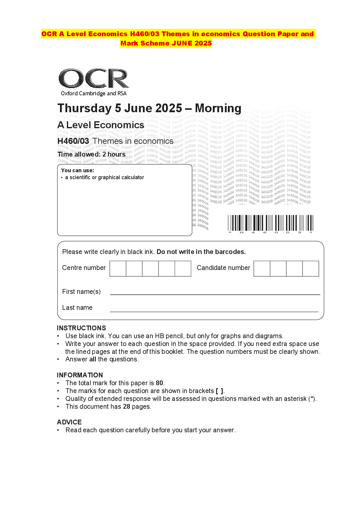 Recommended document preview for OCR A Level Economics H460/03 Themes in economics Question Paper and Mark Scheme JUNE 2025