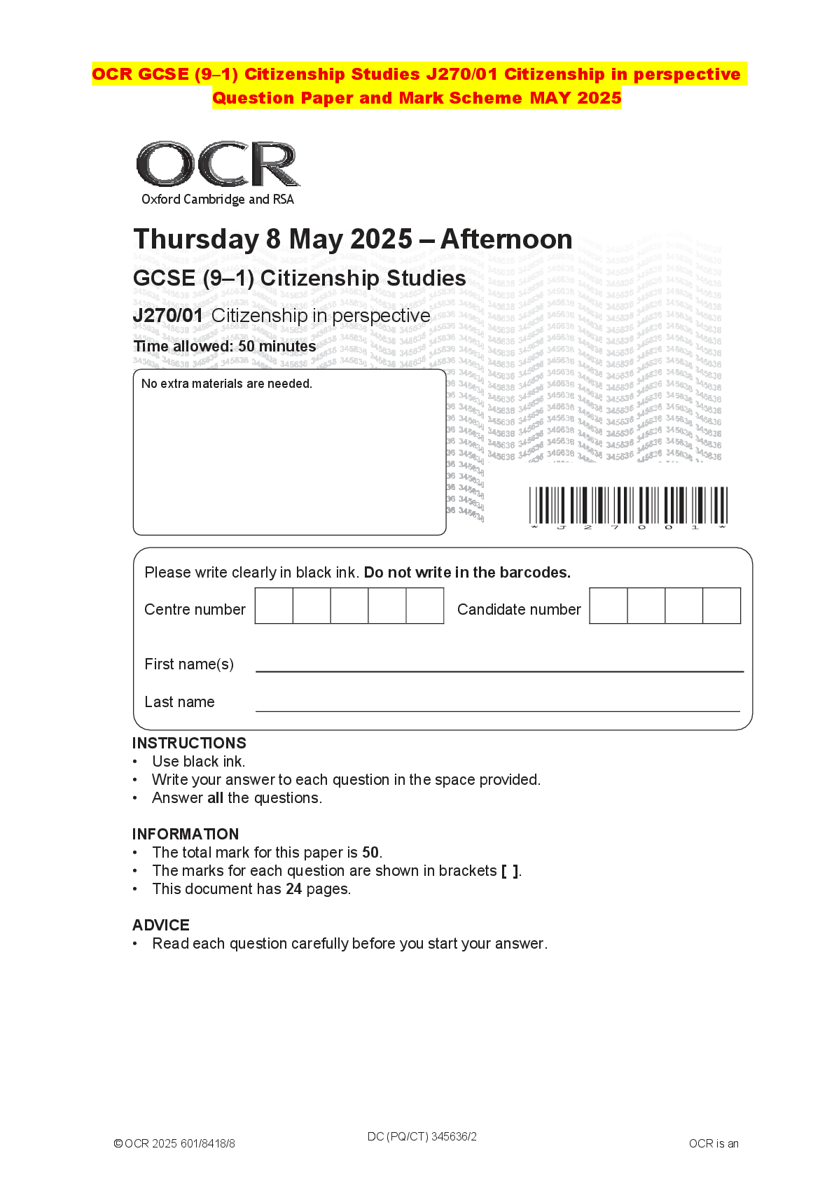 Recommended document preview for OCR GCSE (9–1) Citizenship Studies J270/01 Citizenship in perspective Question Paper and Mark Scheme MAY 2025