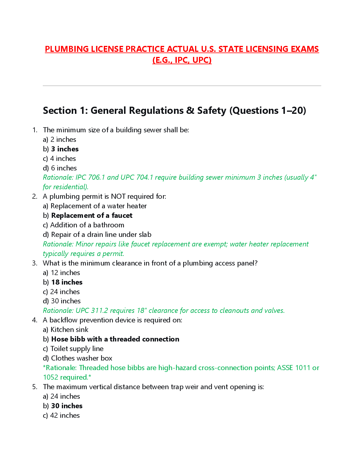 Preview of PLUMBING LICENSE PRACTICE ACTUAL U.S. STATE LICENSING EXAMS  (E.G., IPC, UPC)